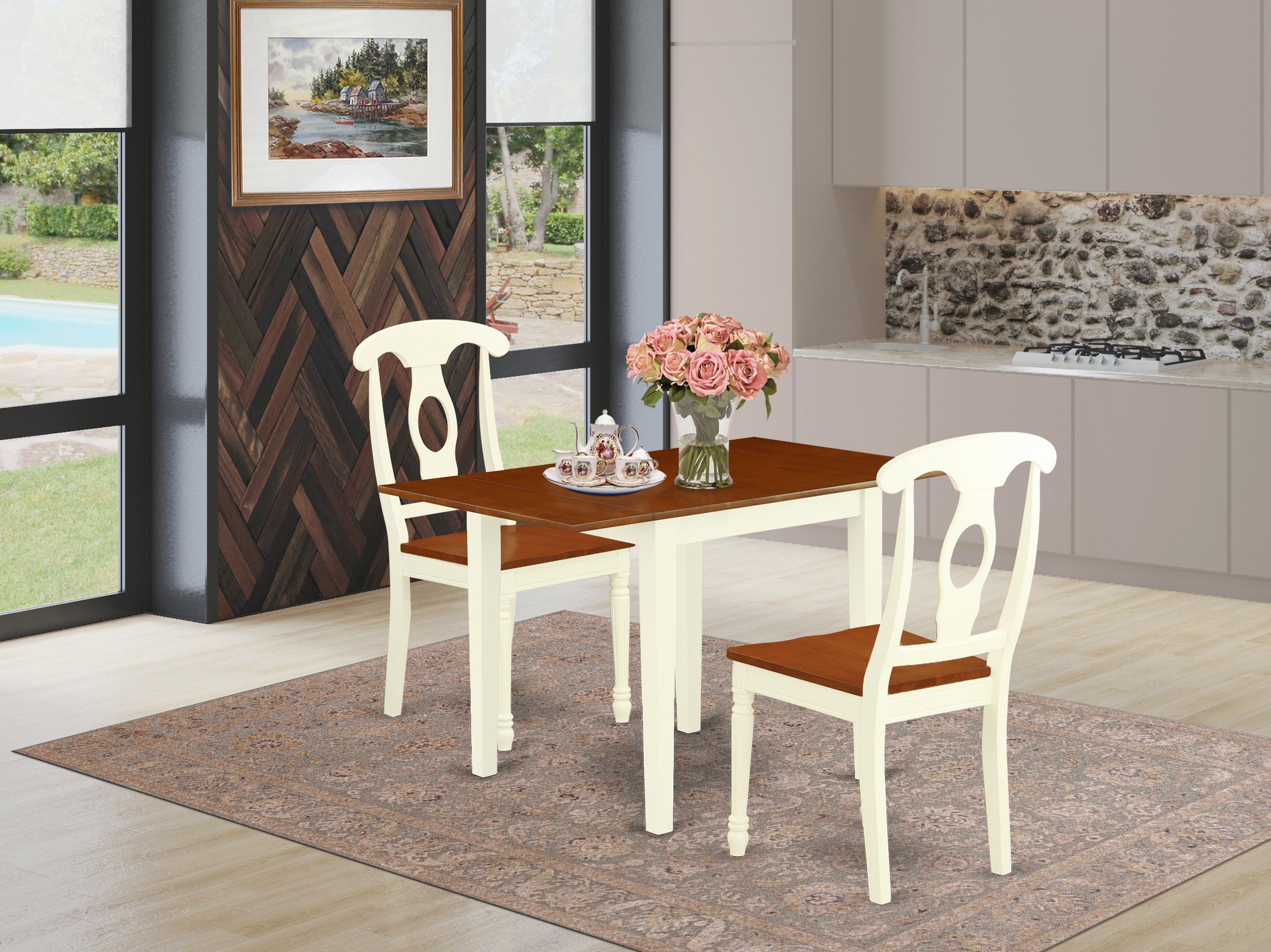 East West Furniture NDKE3-WHI-W 3Pc Modern Dining Table Set Consists of a Dining Table and 2 Kitchen Chairs with Hard Wood Seat and Napoleon Back, Buttermilk and Cherry Finish