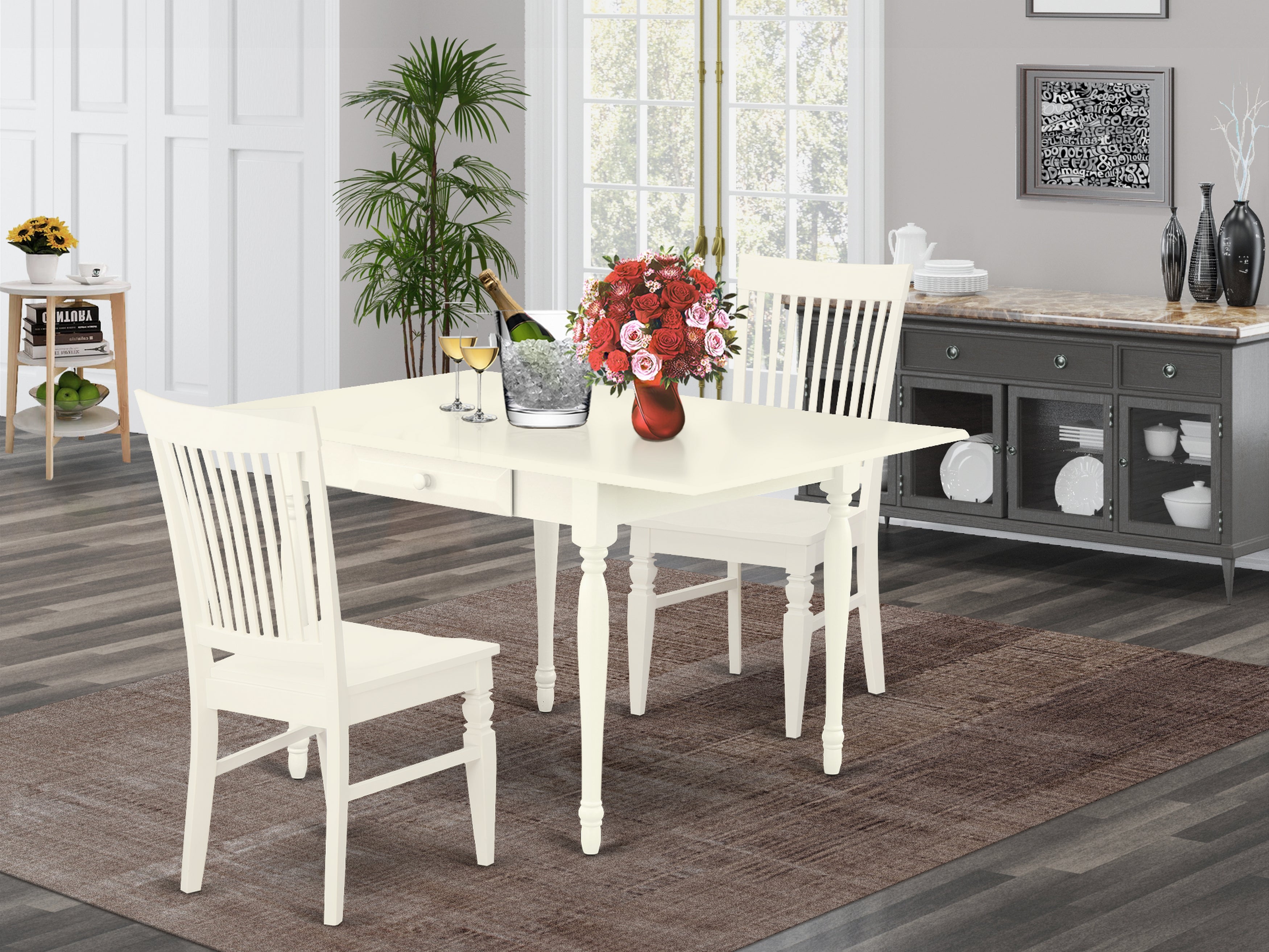 East West Furniture MZWE3-LWH-W 3 Pieces Wooden Dining Table set - Heavy Duty Drop Leaf Solid Wood Modern Dining Table and 2 Wooden Seat Kitchen Chairs, Linen White Finish