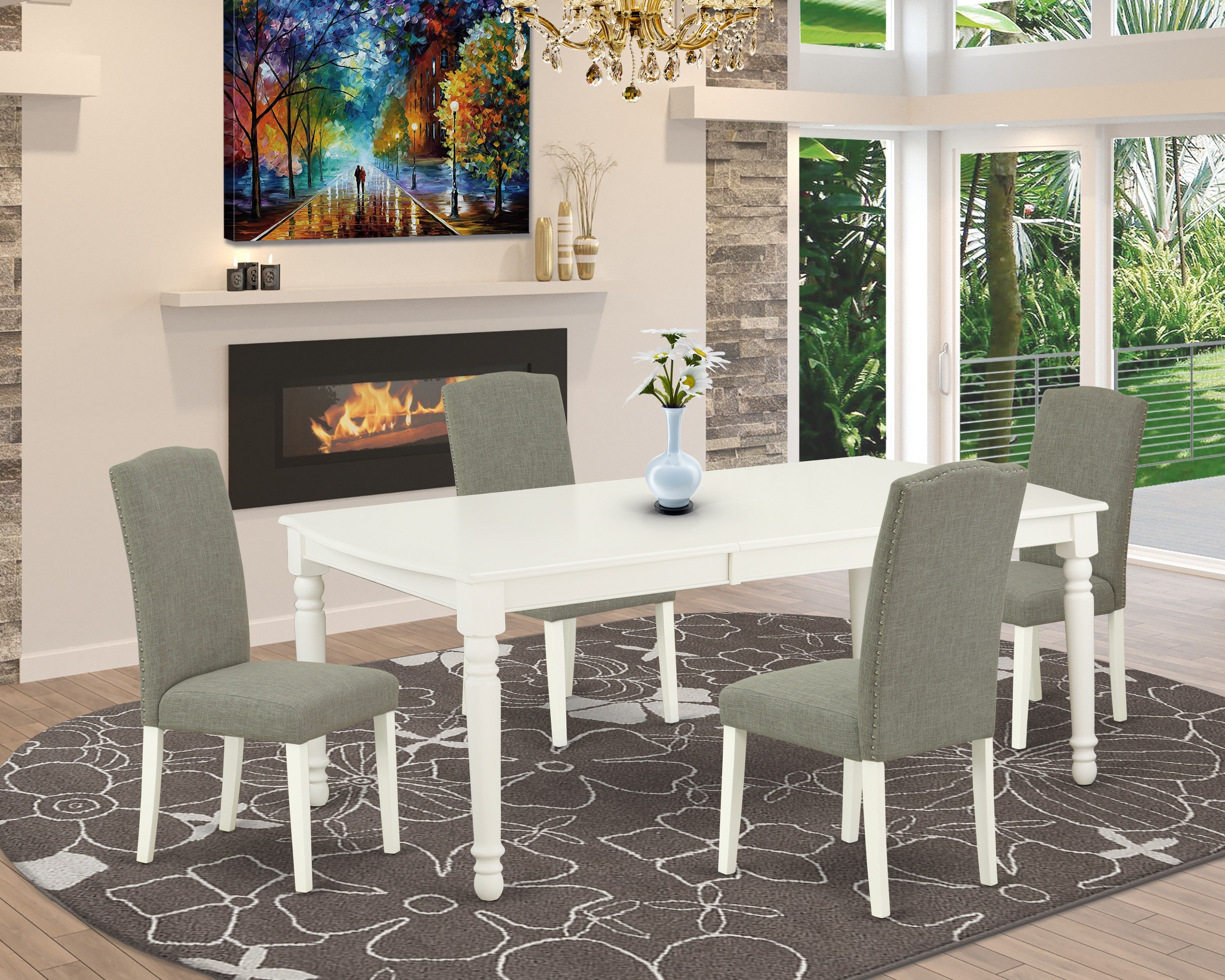 DOEN5-LWH-06 5Pc Rectangular 60/78" Table With 18 In Leaf And Four Parson Chair With Linen White Leg And Linen Fabric Dark Shitake