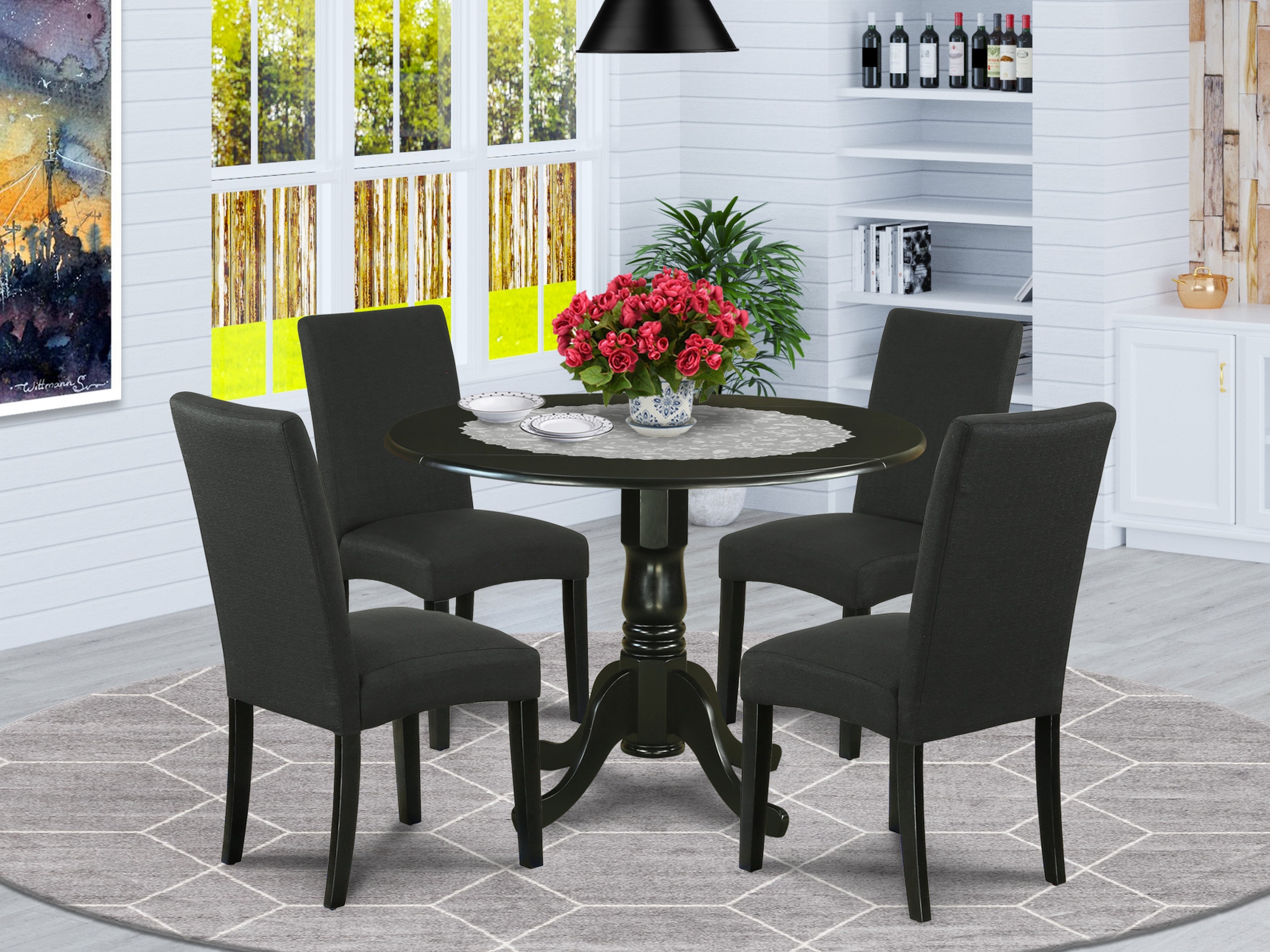 DLDR5-BLK-24 5Pc Round 42" Kitchen Table With Two 9-Inch Drop Leaves And Four Parson Chair With Black Finish Leg And Linen Fabric- Black Color