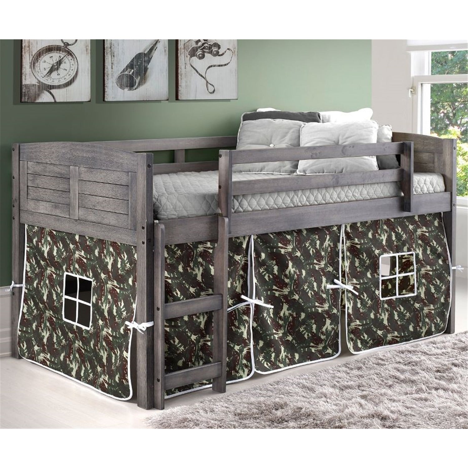 Donco Kids Louver Low Twin Loft Bed-Color:Antique Grey,Tent:Camo Tent