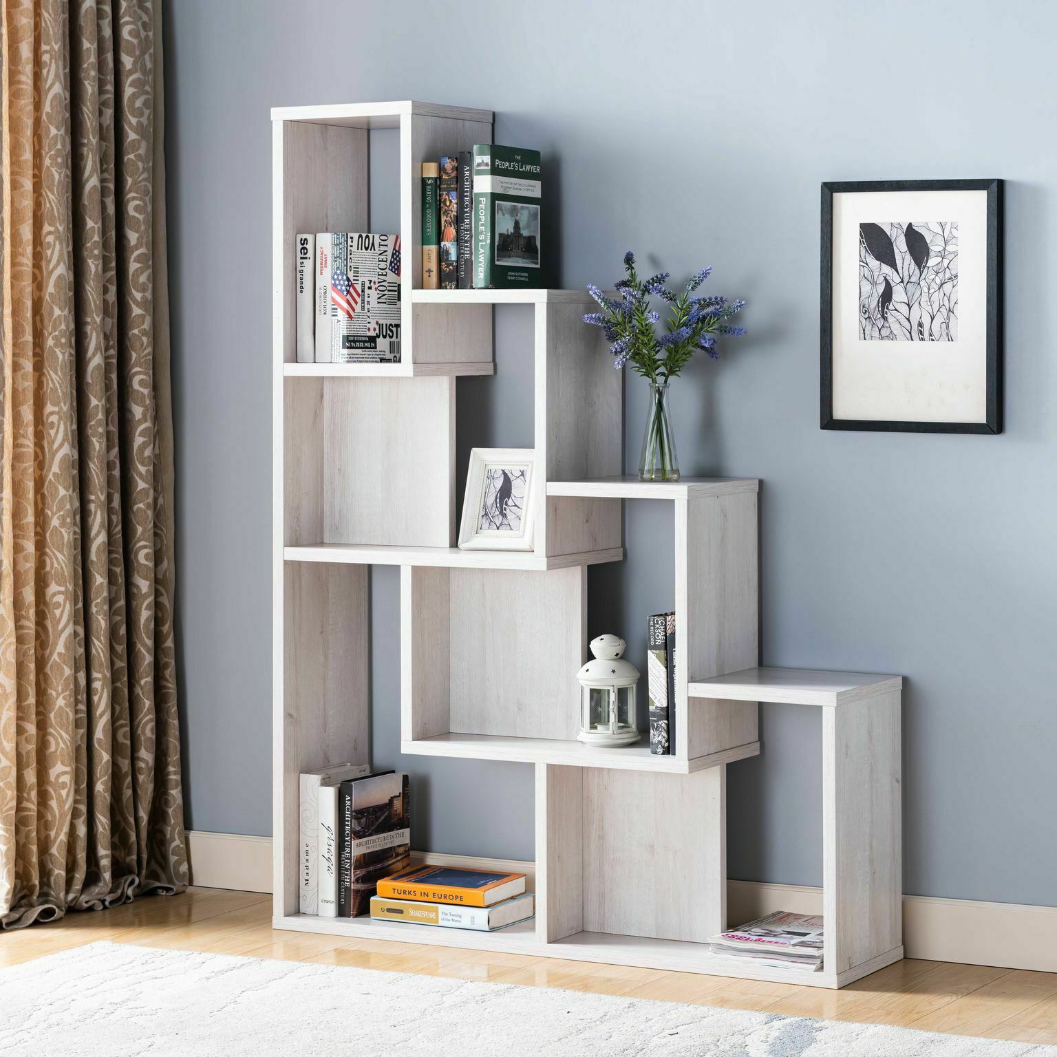 Contemporary Home Office Cube Bookcase Display Shelves in White Oak