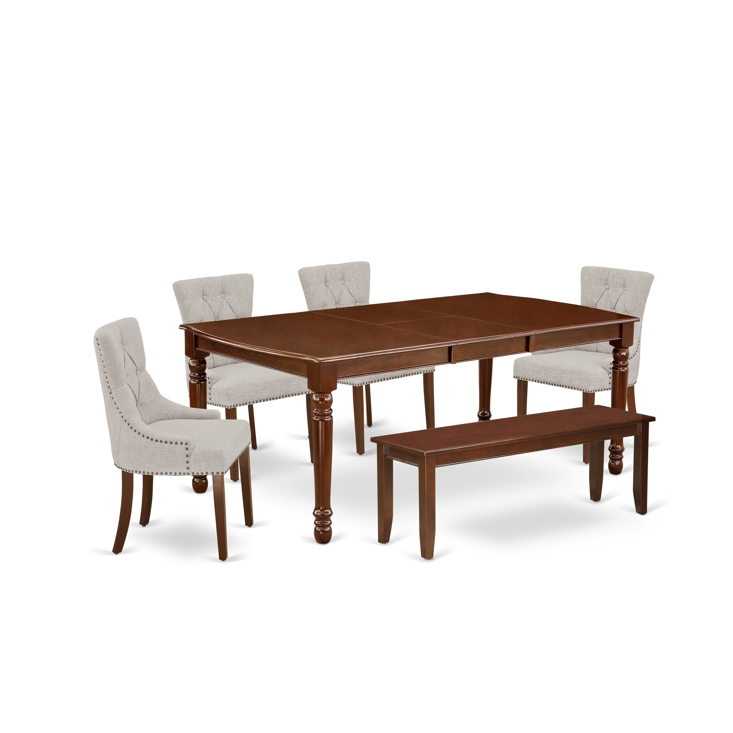 DOFR6-MAH-05 6Pc Dining Set Includes a Rectangle Dinette Table with Butterfly Leaf, Four Parson Chairs with Doeskin Fabric and a Bench, Mahogany Finish