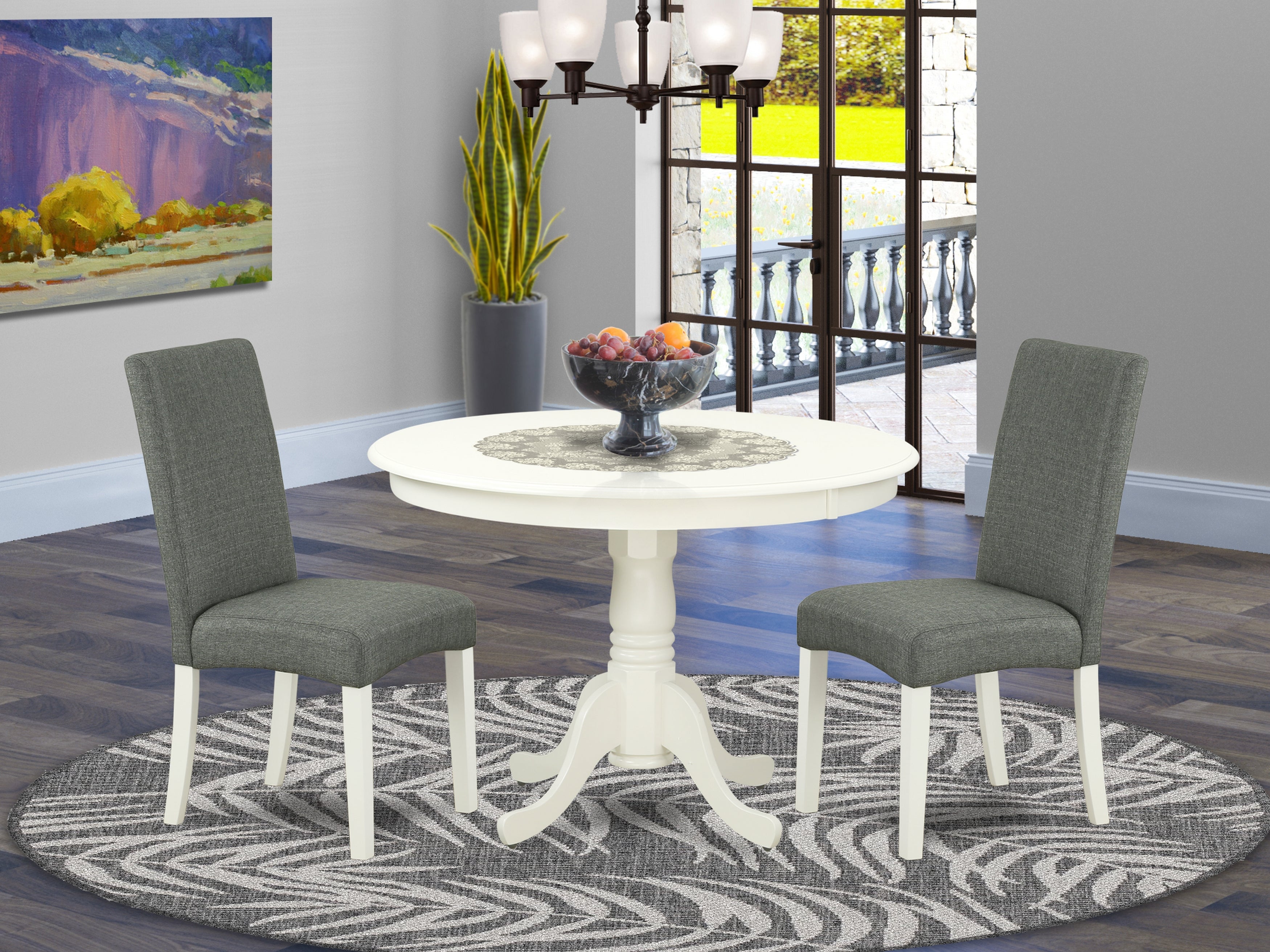 HLDR3-LWH-07 3Pc Round 42" Dining Table And Two Parson Chair With Linen White Finish Leg And Linen Fabric- Gray Color