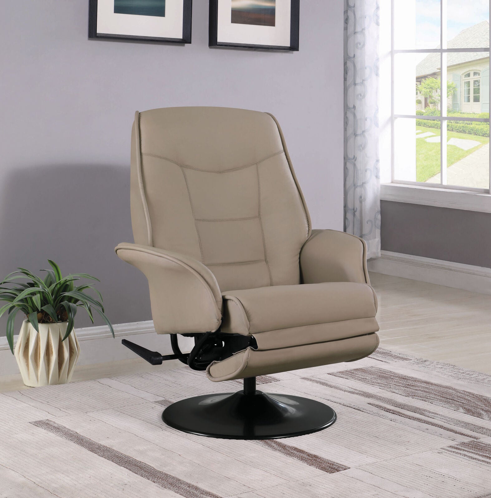 Coaster Swivel Recliner With Leatherette Flared Arm Beige 7502