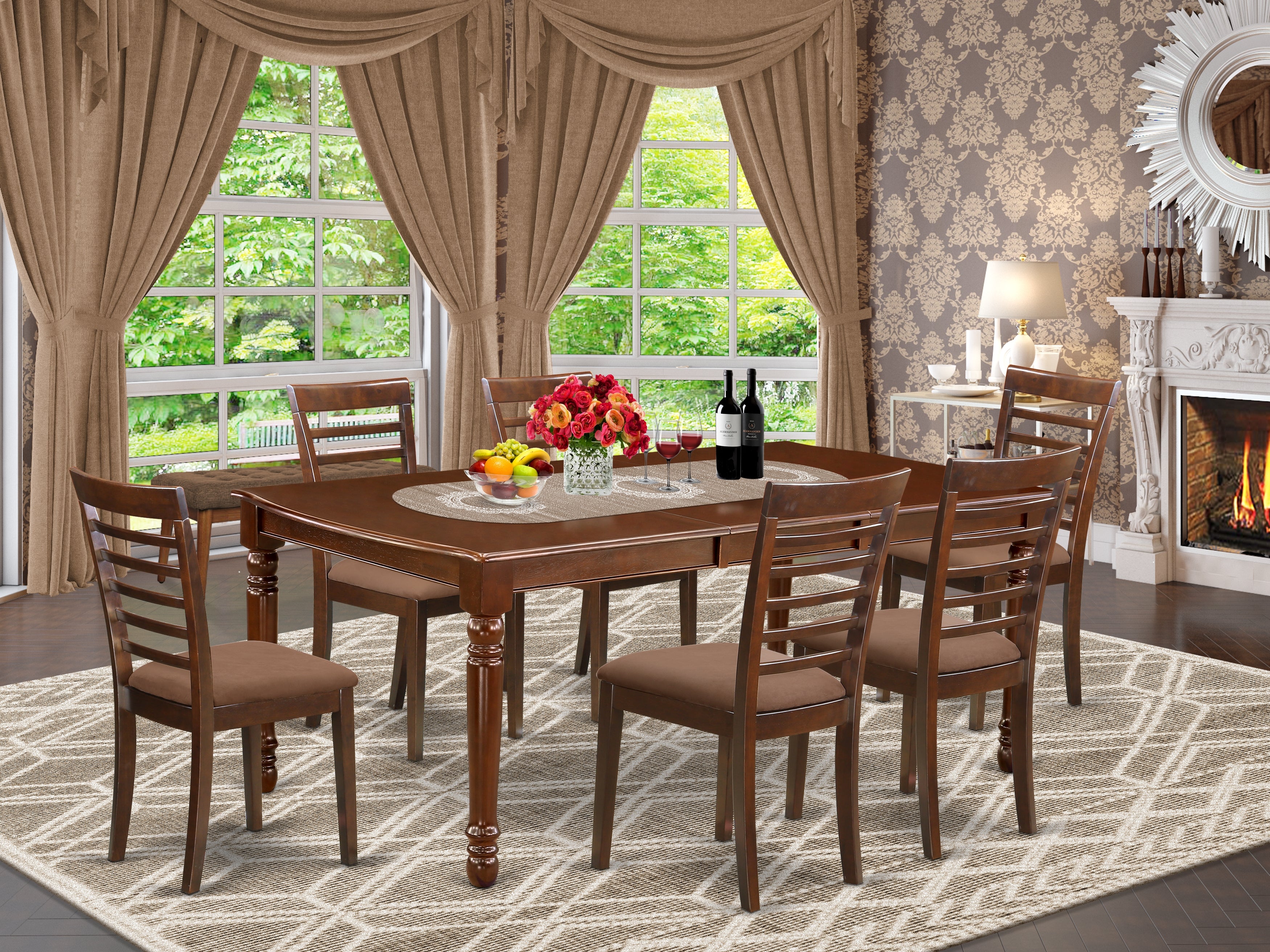 DOML7-MAH-C 7Pc Rectangular 60/78" Kitchen Table With 18 In Self Storing Butterfly Leaf And Six Microfiber Upholstery Seat Chairs