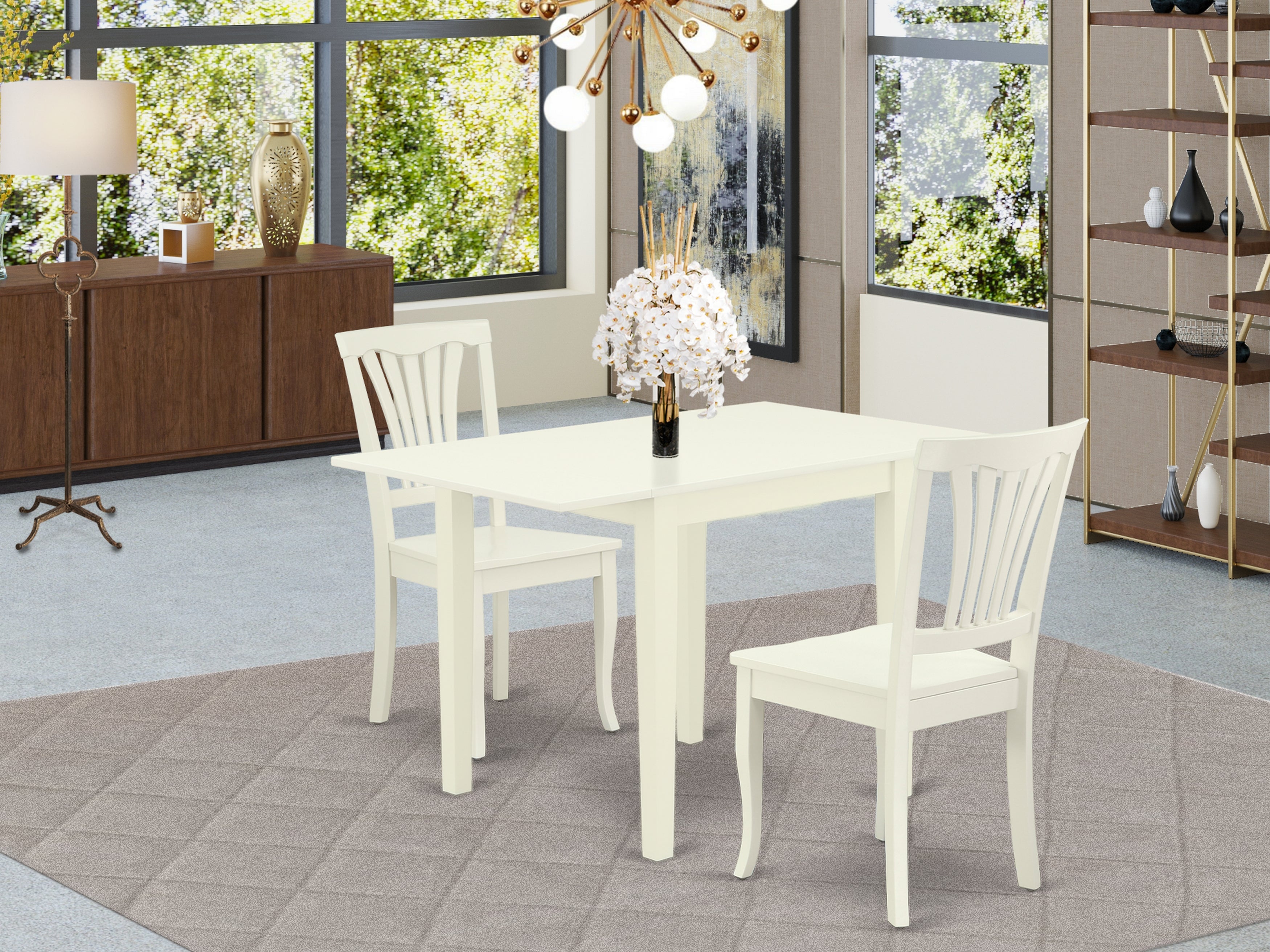 East West Furniture NDAV3-LWH-W Dining Room Table Set 3 Pc- 2 Superb Dining Room Chairs and a Beautiful Breakfast Table - Linen White Finish Wooden Chair Seat - Linen White Finish Solid Wood Frame.
