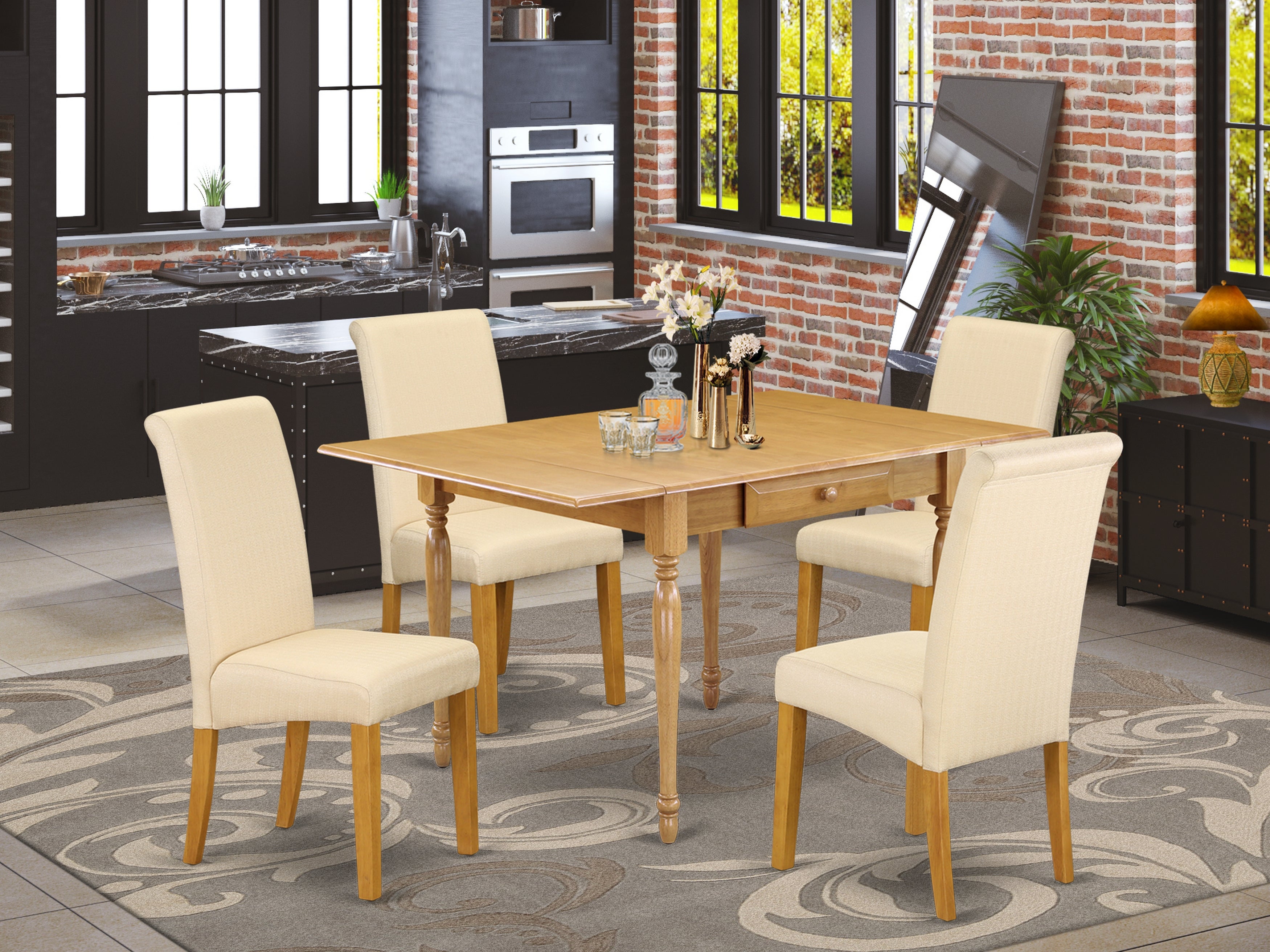 East West Furniture MZBA5-OAK-02 5Pc Kitchen Table Set Includes a Kitchen Table and 4 Parsons Dining Room Chairs with Light Beige Color Linen Fabric, Drop Leaf Table with Full Back Chairs, Oak Finish