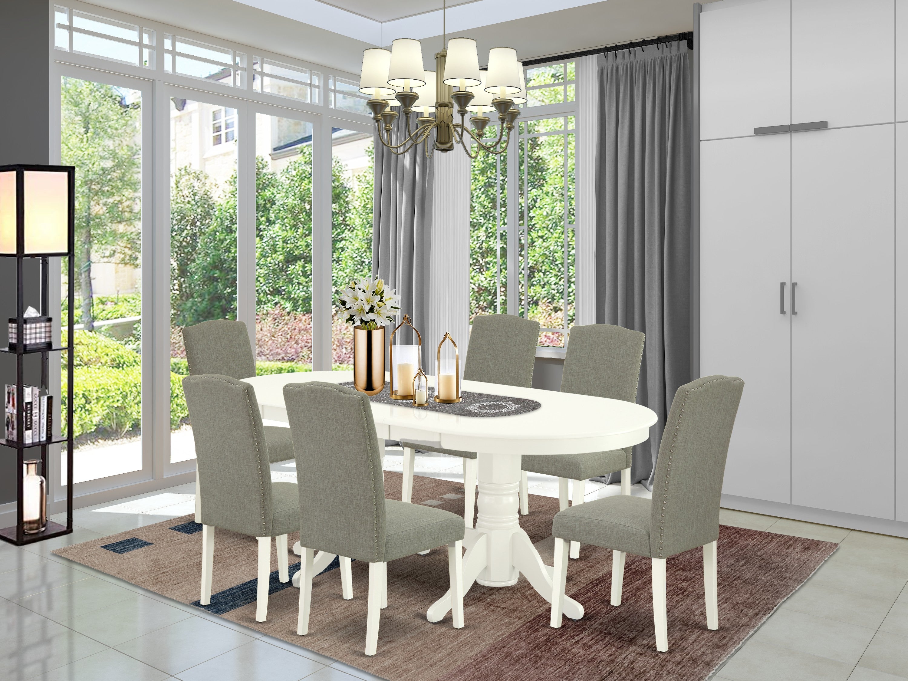 VAEN7-LWH-06 7 Pc Dining Room Set Dining Table With Self Storing Butterfly Leaf And Six Parson Chair With Linen White Leg And Linen Fabric Dark Shitake