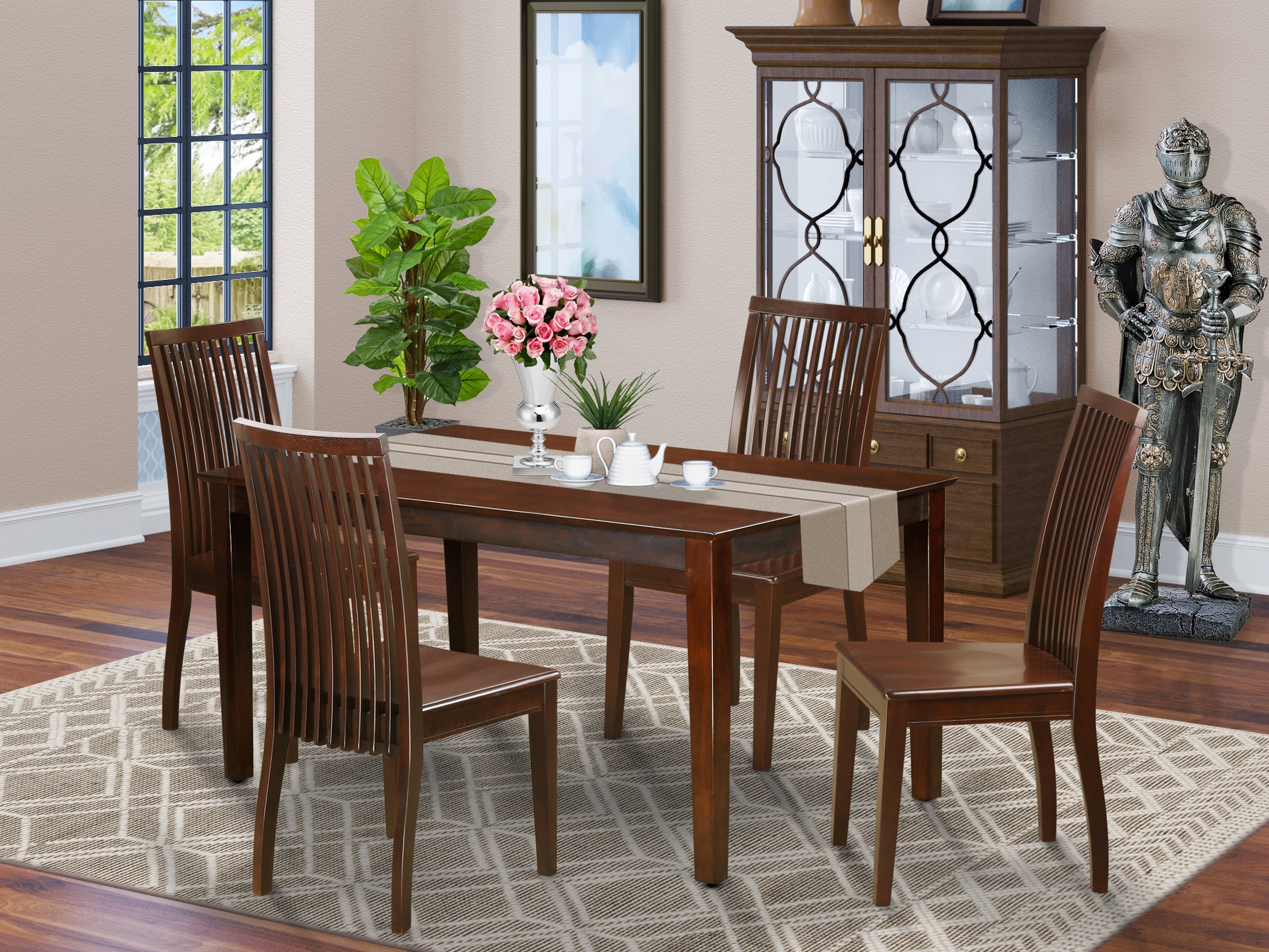 CAIP5-MAH-W 5 Piece dining table set- Solid Top dining room table and 4 Wood Seat dining chairs