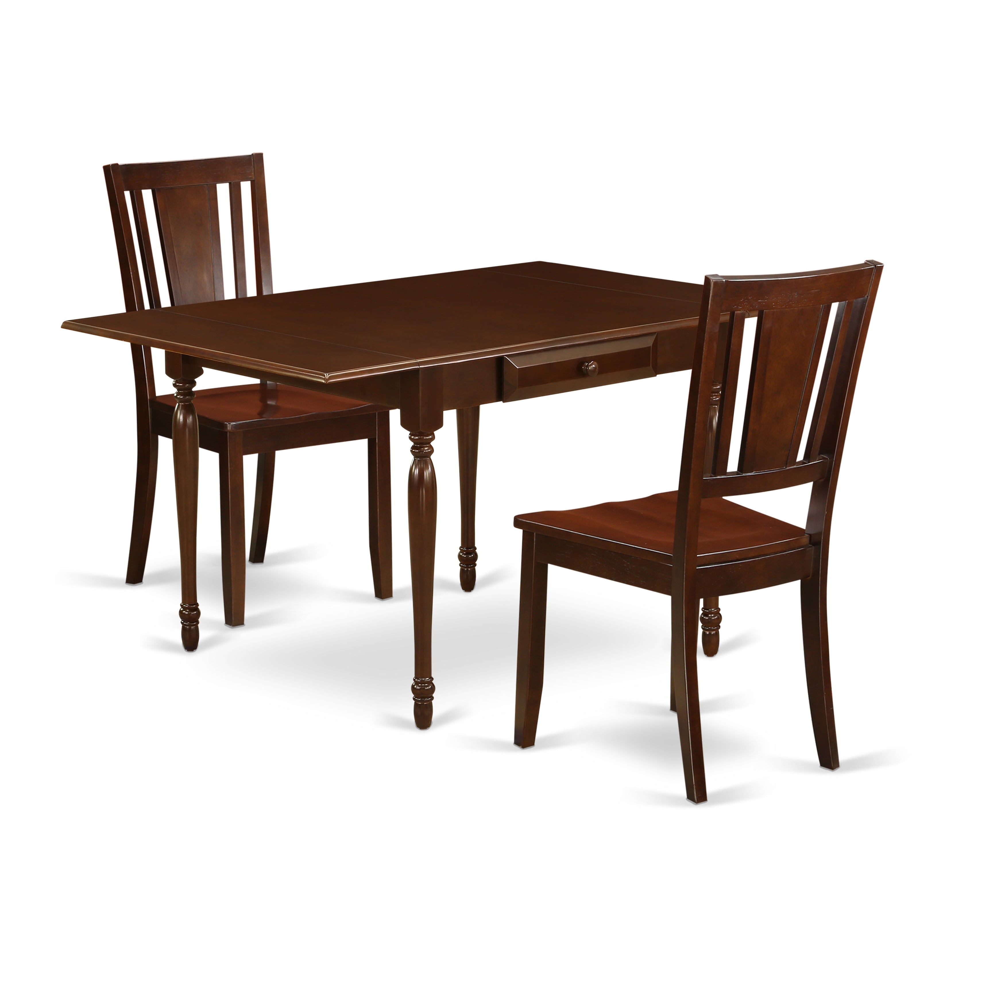 East West Furniture MZDU3-MAH-W 3Pc Dining Room Table Set Includes a Small Table and 2 Wooden Dining Chairs with Solid Wood Seat, Drop Leaf Table with Panel Back Chairs, Mahogany Finish