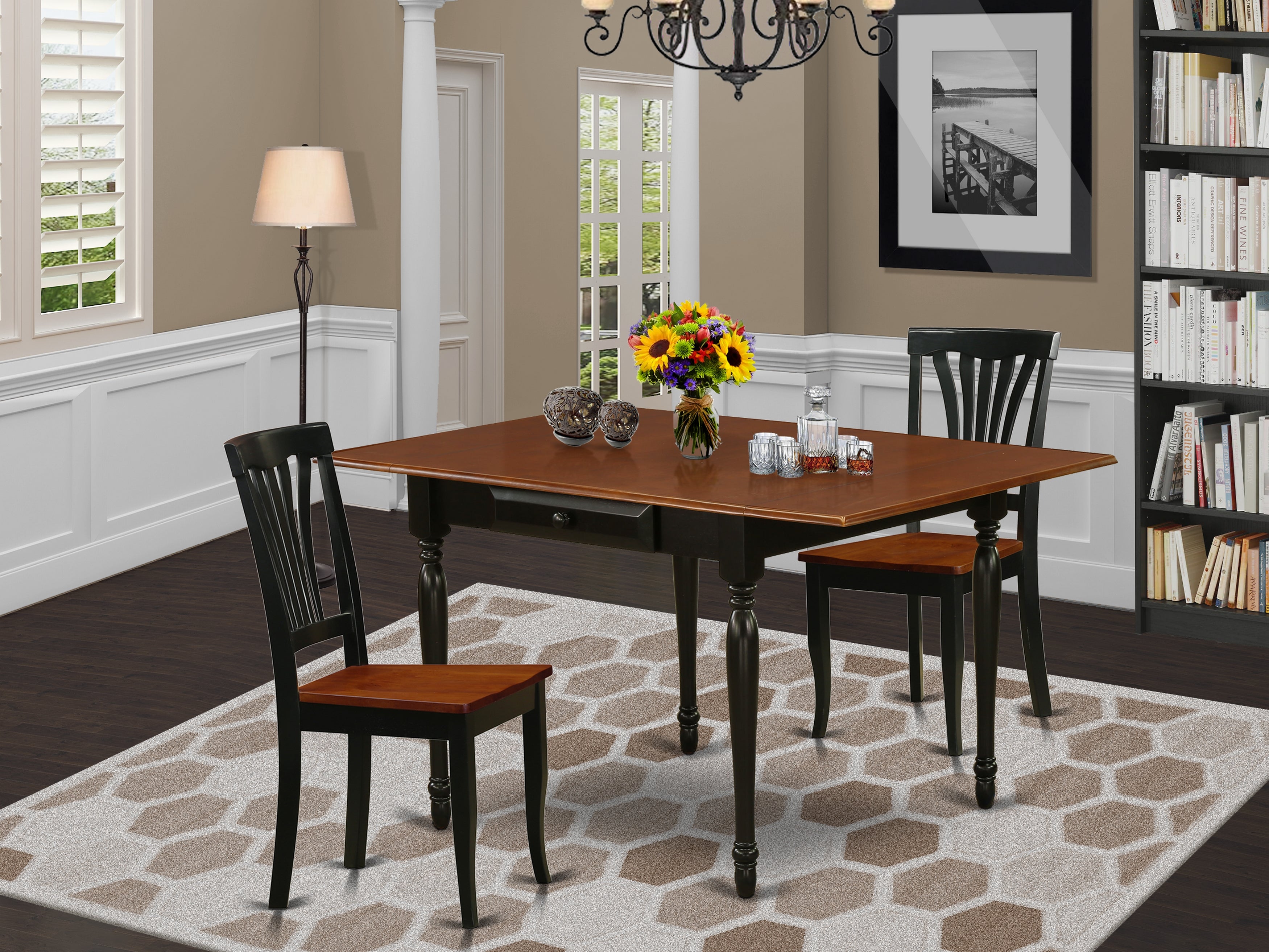 East West Furniture MZAV3-BCH-W 3Pc Dining Table Set Contains a Small Kitchen Table and 2 Wood Dining Chairs with Wooden Seat, Drop Leaf Table with Slat Back Chairs, Black and Cherry Finish