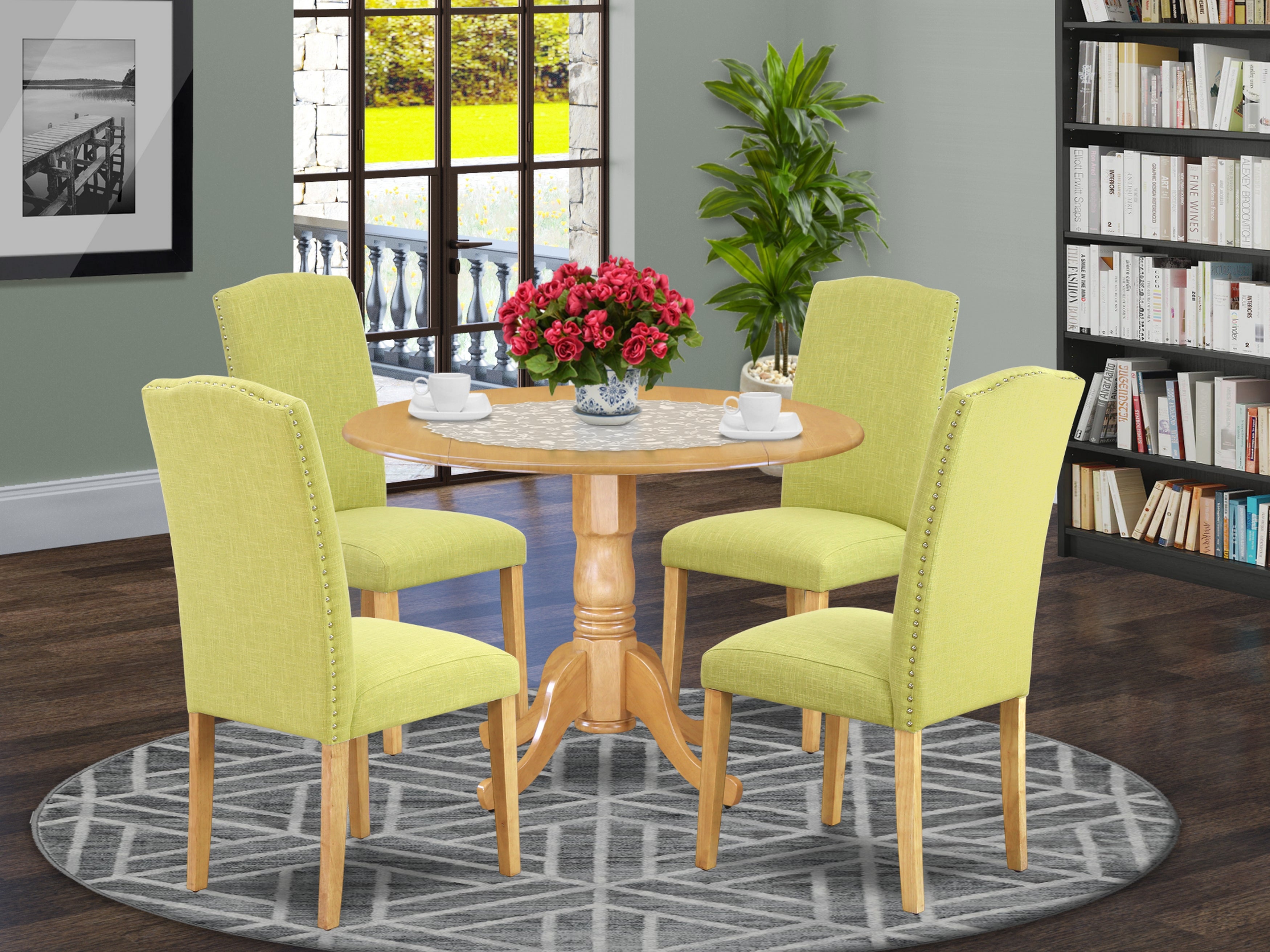 DLEN5-OAK-07 5Pc Round 42" Kitchen Table With Two 9-Inch Drop Leaves And Four Parson Chair With Oak Leg And Linen Fabric Limelight