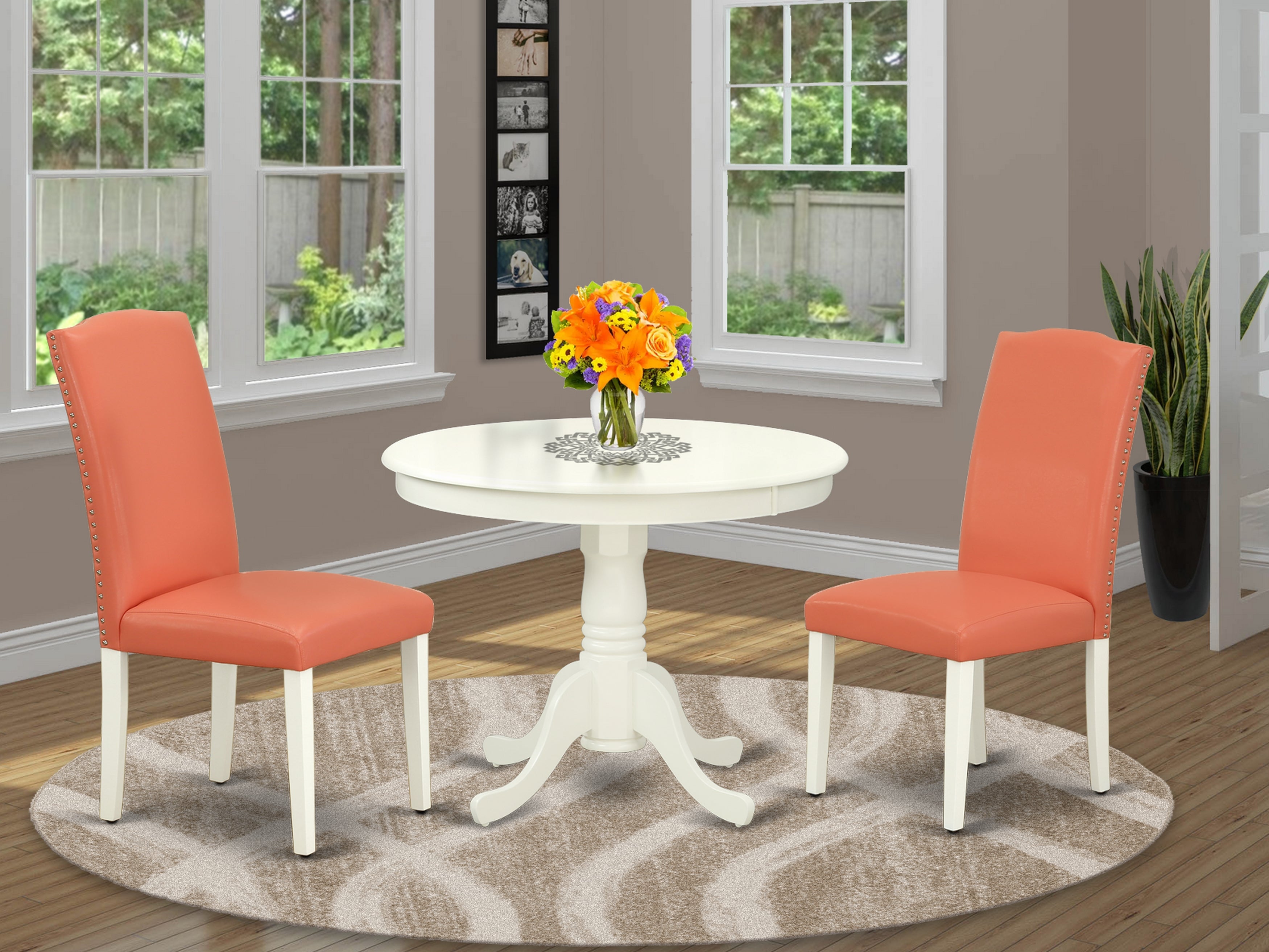 ANEN3-LWH-78 3Pc Rounded 36 Inch Dining Table And 2 Parson Chair With Linen White Leg And Pu Leather Color Pink Flamingo