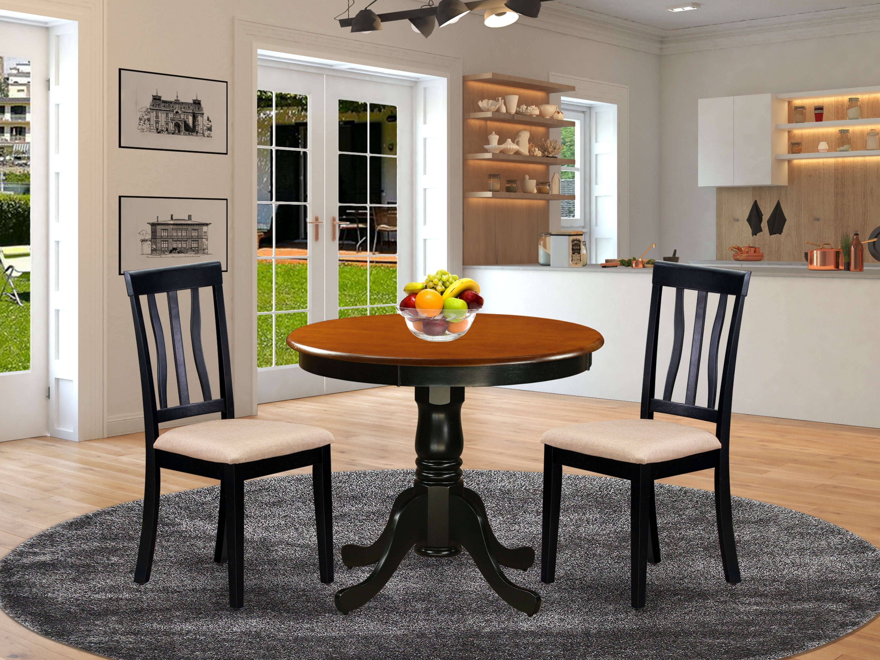 ANTI3-BLK-C 3 PC Kitchen Table set-round Kitchen Table plus 2 Dining Chairs