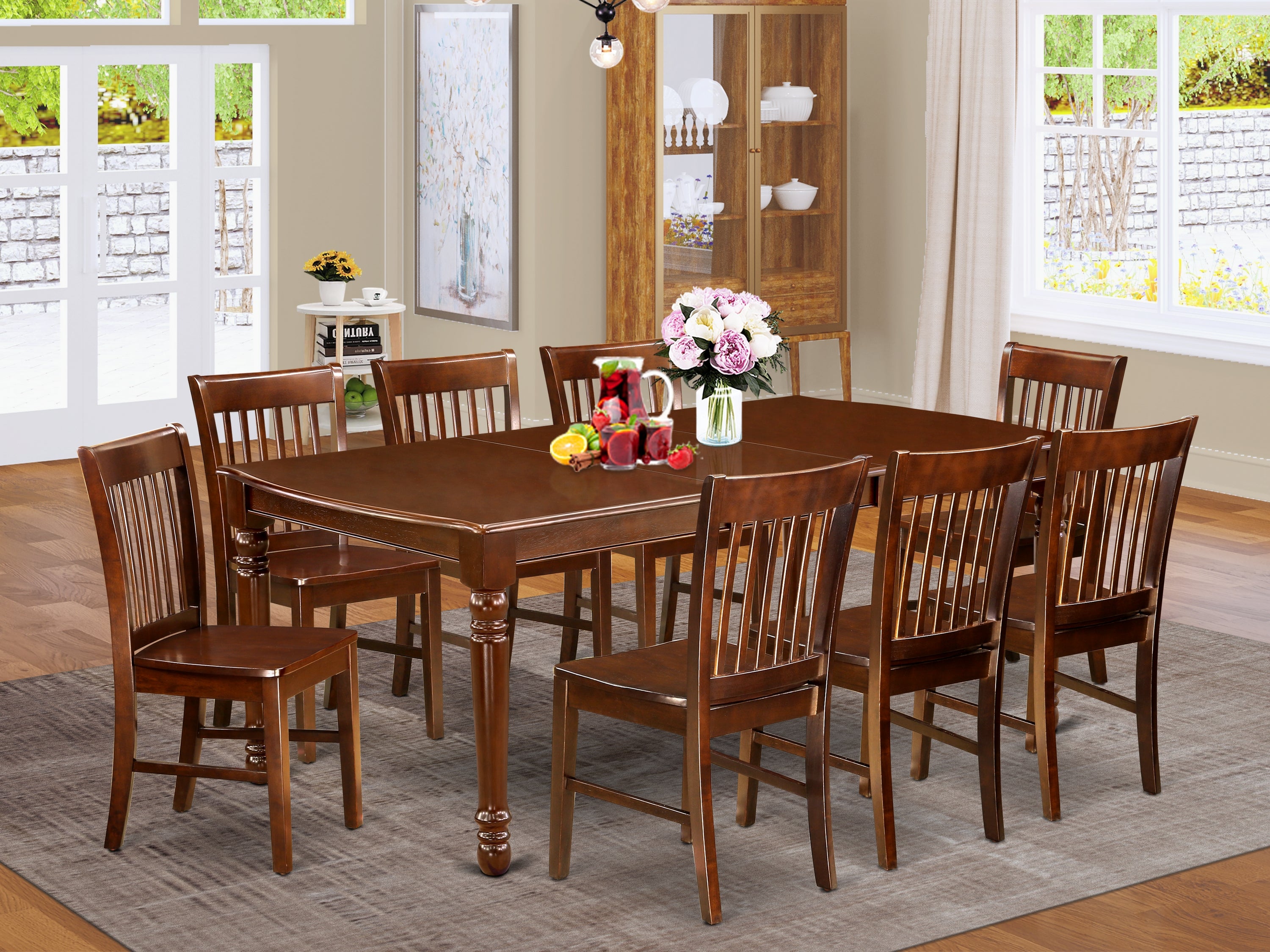 DONO9-MAH-W 9Pc Rectangle 60/78 Inch Kitchen Table With 18 In Self Storing Butterfly Leaf And Eight Wood Seat Dining Chairs