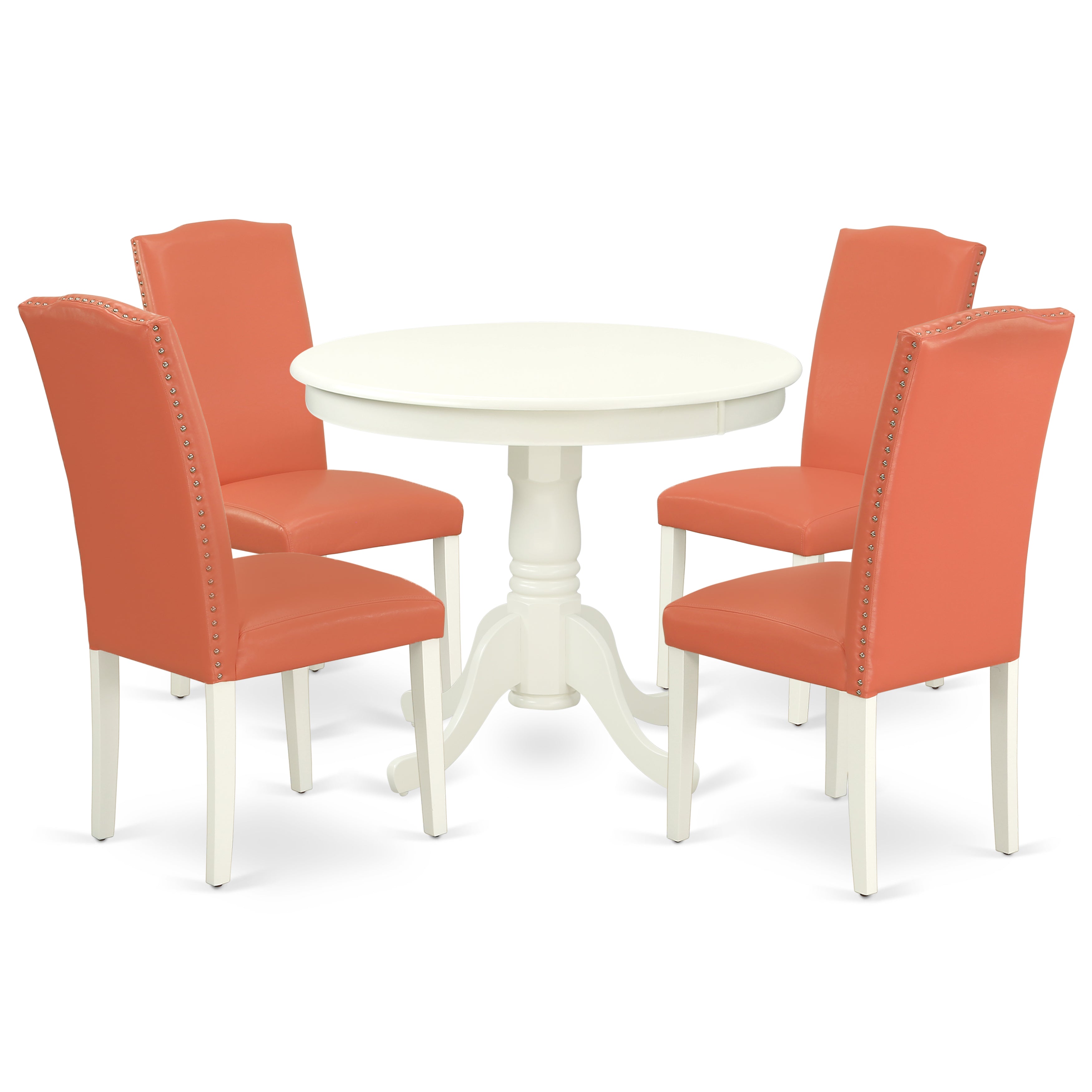 ANEN5-LWH-78 5Pc Round 36" Table And 4 Parson Chair With Linen White Leg And Pu Leather Color Pink Flamingo