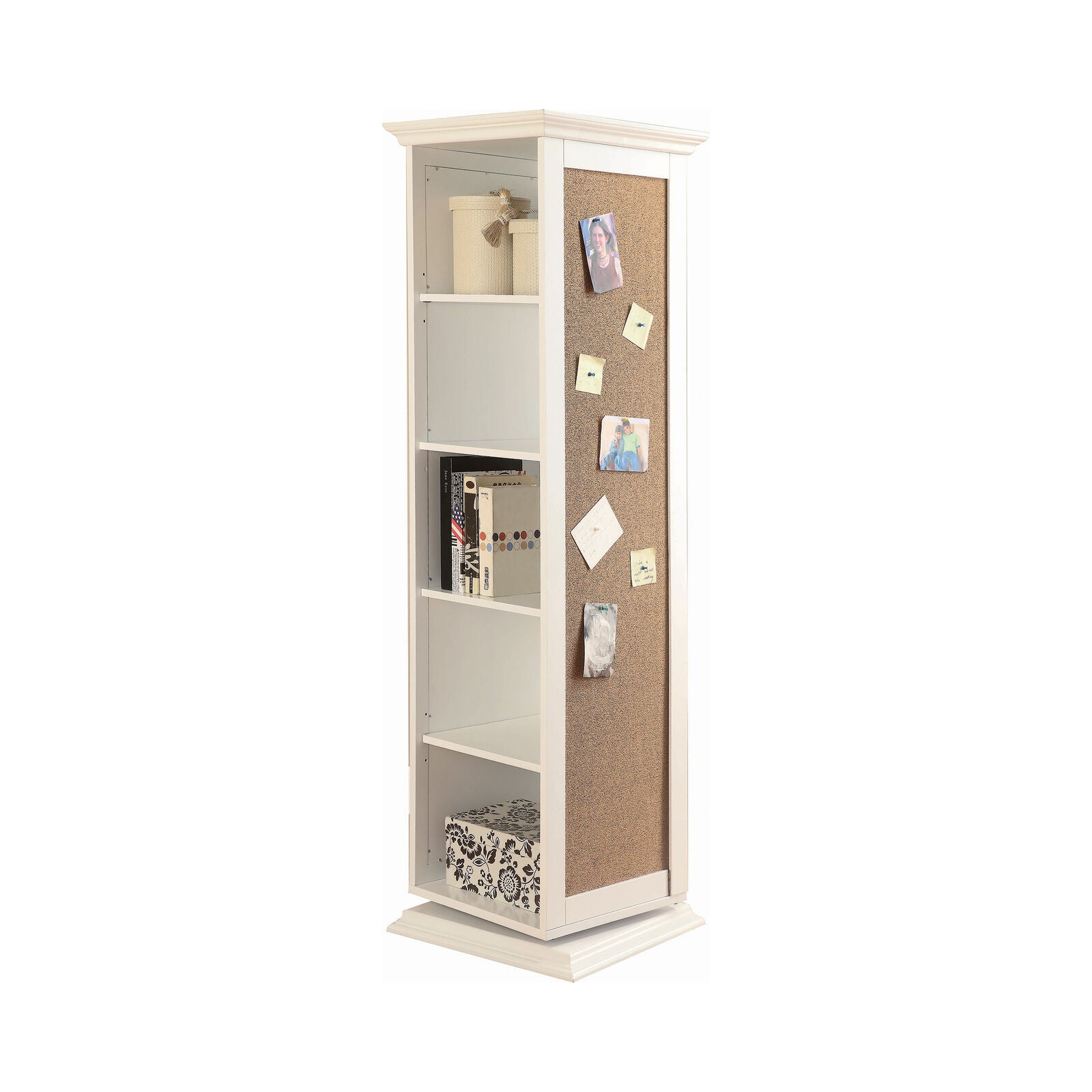 Swivel Accent Rotating Cabinet With Cork Board And Dressing Mirror Shelves White