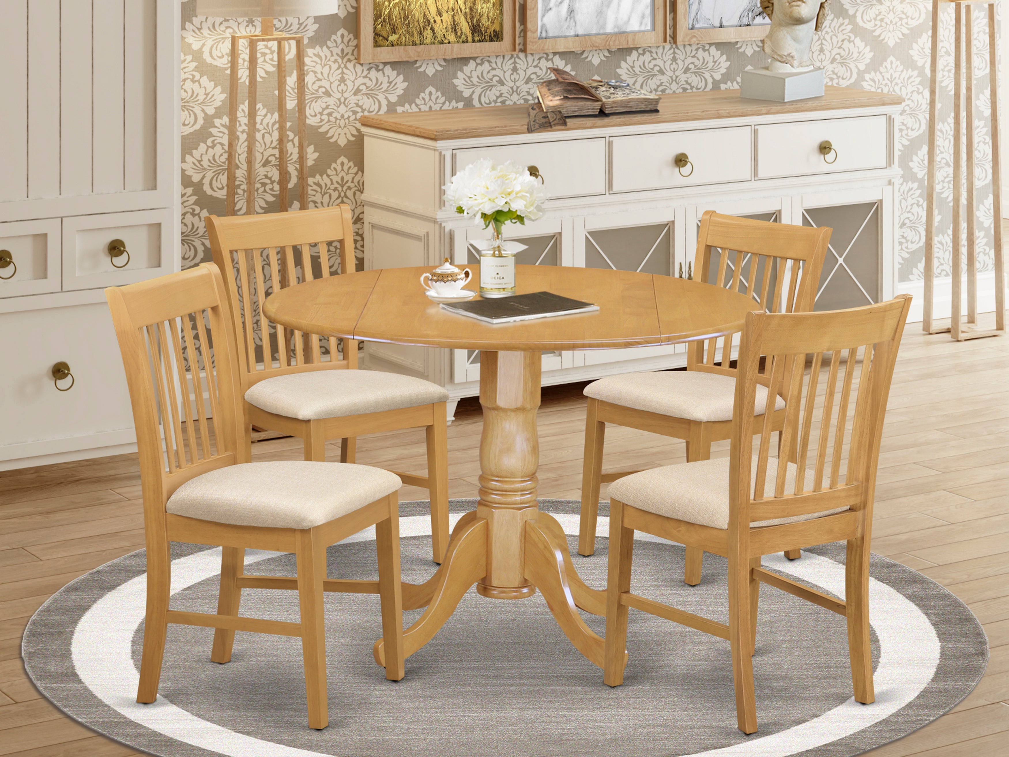 Donna 5 Pc Oak Kitchen Round Dining Table and 4 Dining Chairs Set