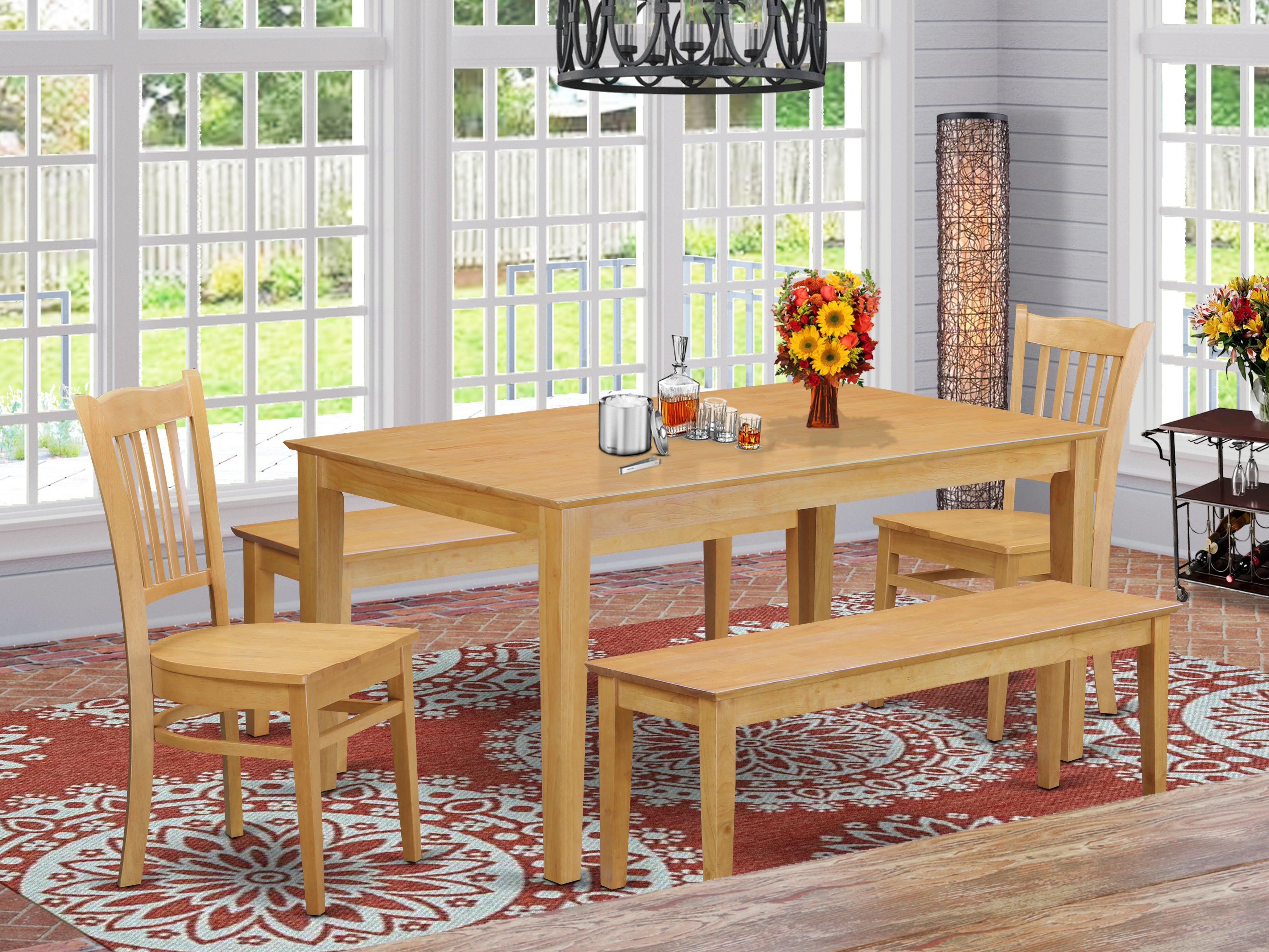 CAGR5C-OAK-W 5Pc Rectangle 60 Inch Dining Table And 2 Wood Seat Kitchen Chairs Plus 2 Bench