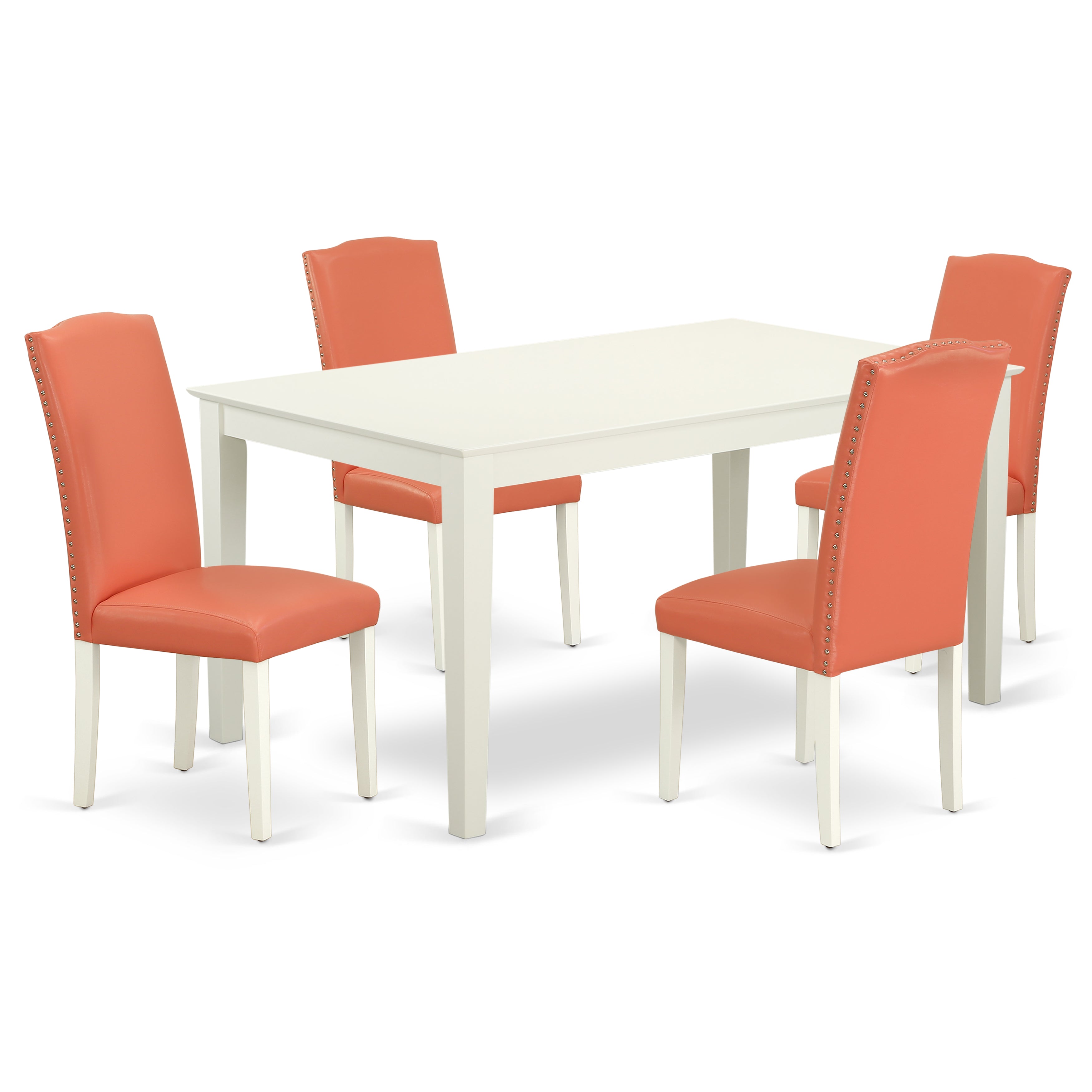 CAEN5-LWH-78 5Pc Rectangle 60" Dining Room Table And 4 Parson Chair With Linen White Leg And Pu Leather Color Pink Flamingo