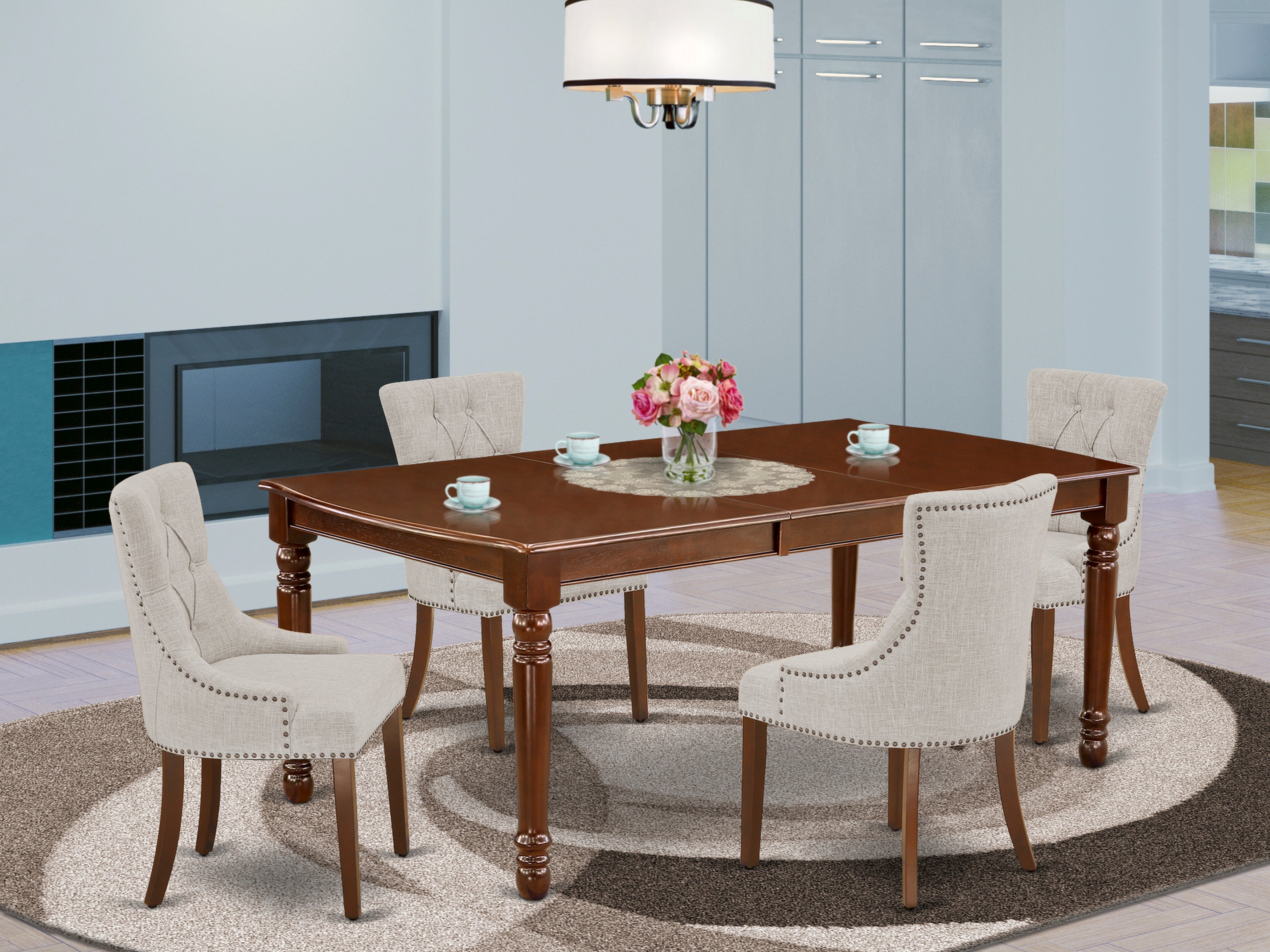 DOFR5-MAH-05 5Pc Dining Set Includes a Rectangle Dinette Table with Butterfly Leaf and Four Parson Chairs with Doeskin Fabric, Mahogany Finish