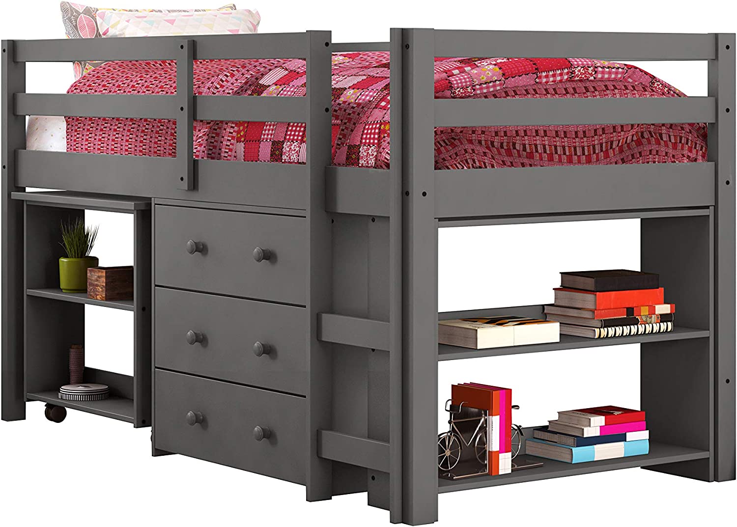 DONCO kids Low Loft Bed with Desk, Twin, Dark Grey