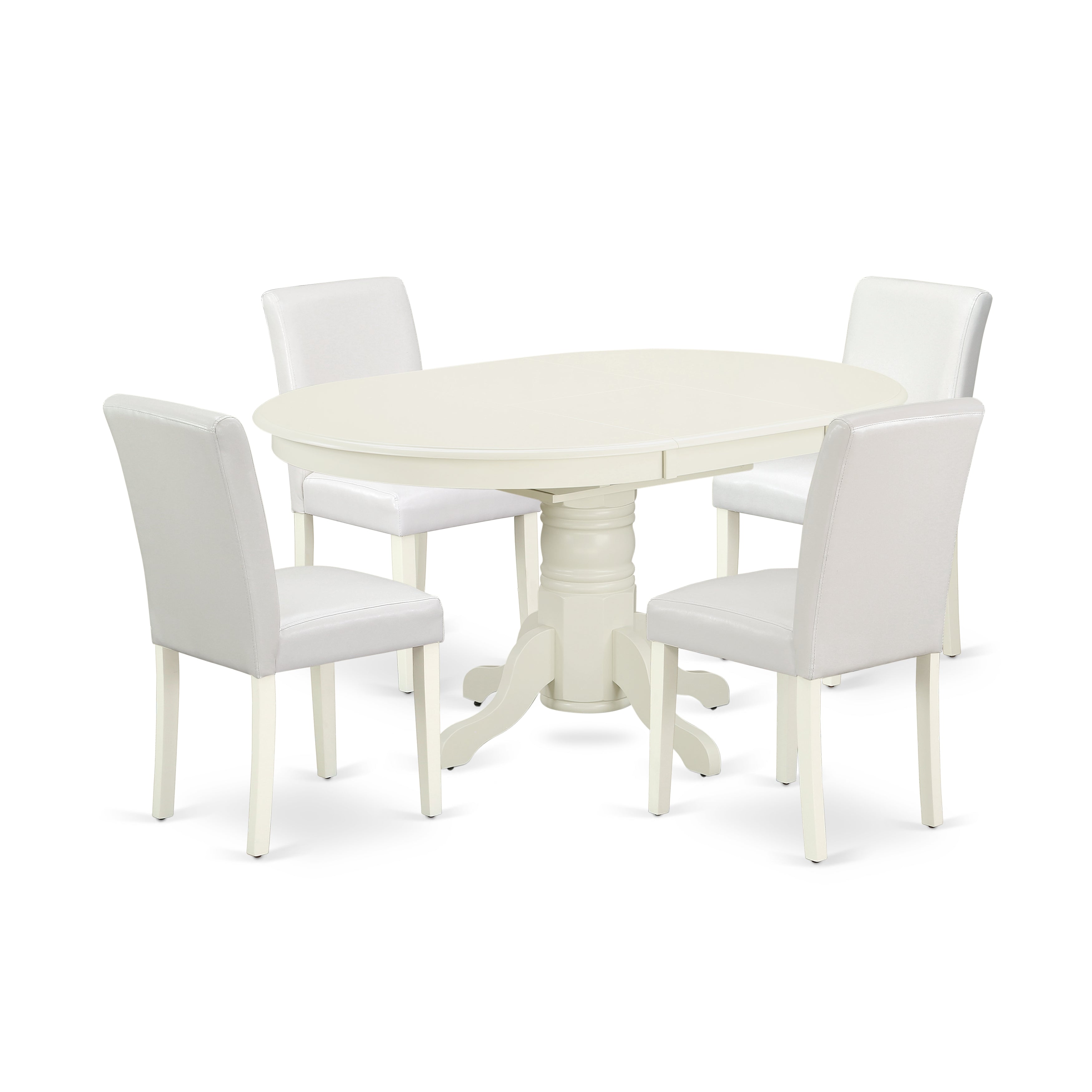 AVAB5-LWH-64 5Pc Oval 42/60" Table With 18 In Self Storing Butterfly Leaf And 4 Parson Chair With Linen White Leg And Pu Leather Color White