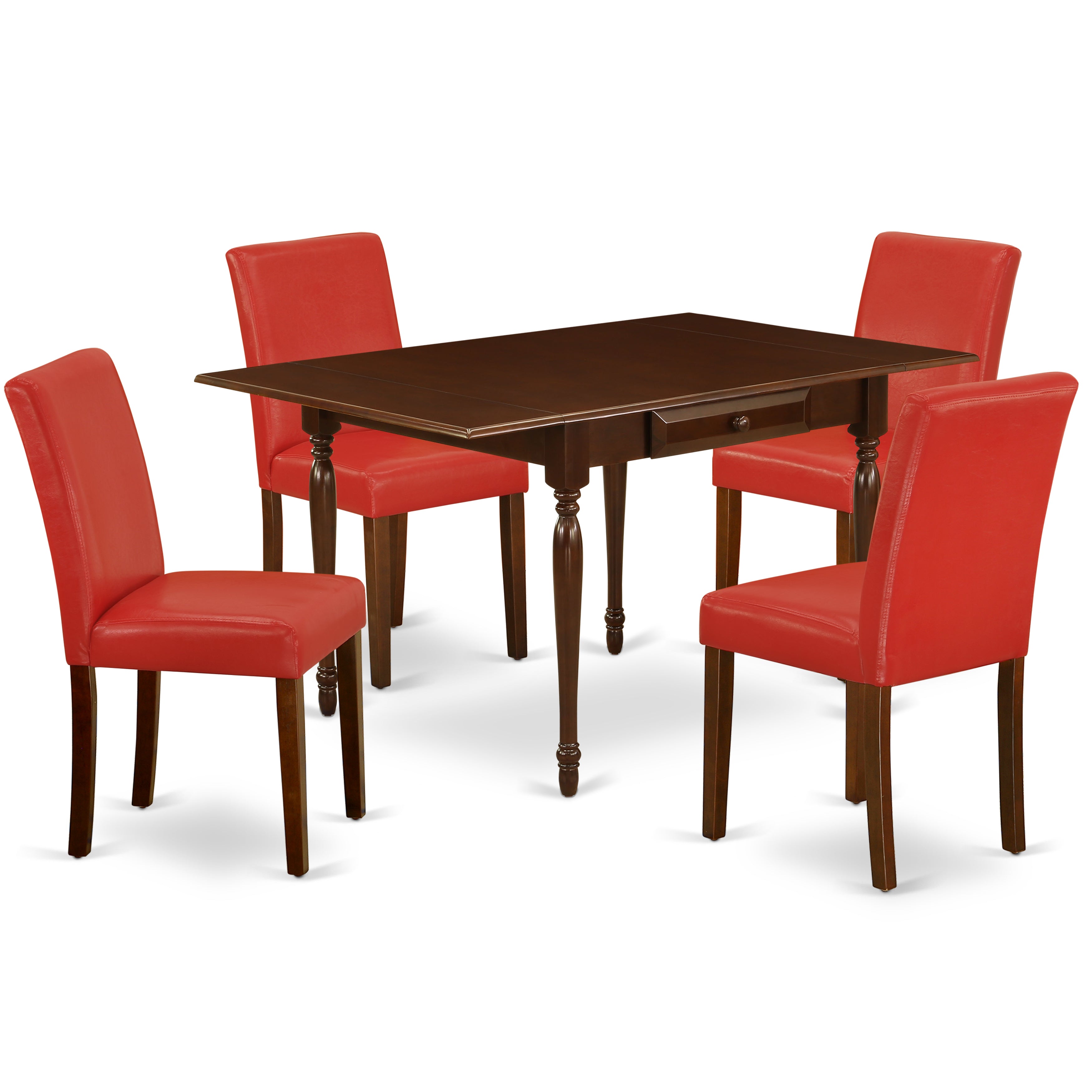 East West Furniture MZAB5-MAH-72 5Pc Dining Set for 4 Includes a Dining Room Table and 4 Parsons Chairs with Firebrick Red Color PU Leather, Drop Leaf Table with Full Back Chairs, Mahogany Finish