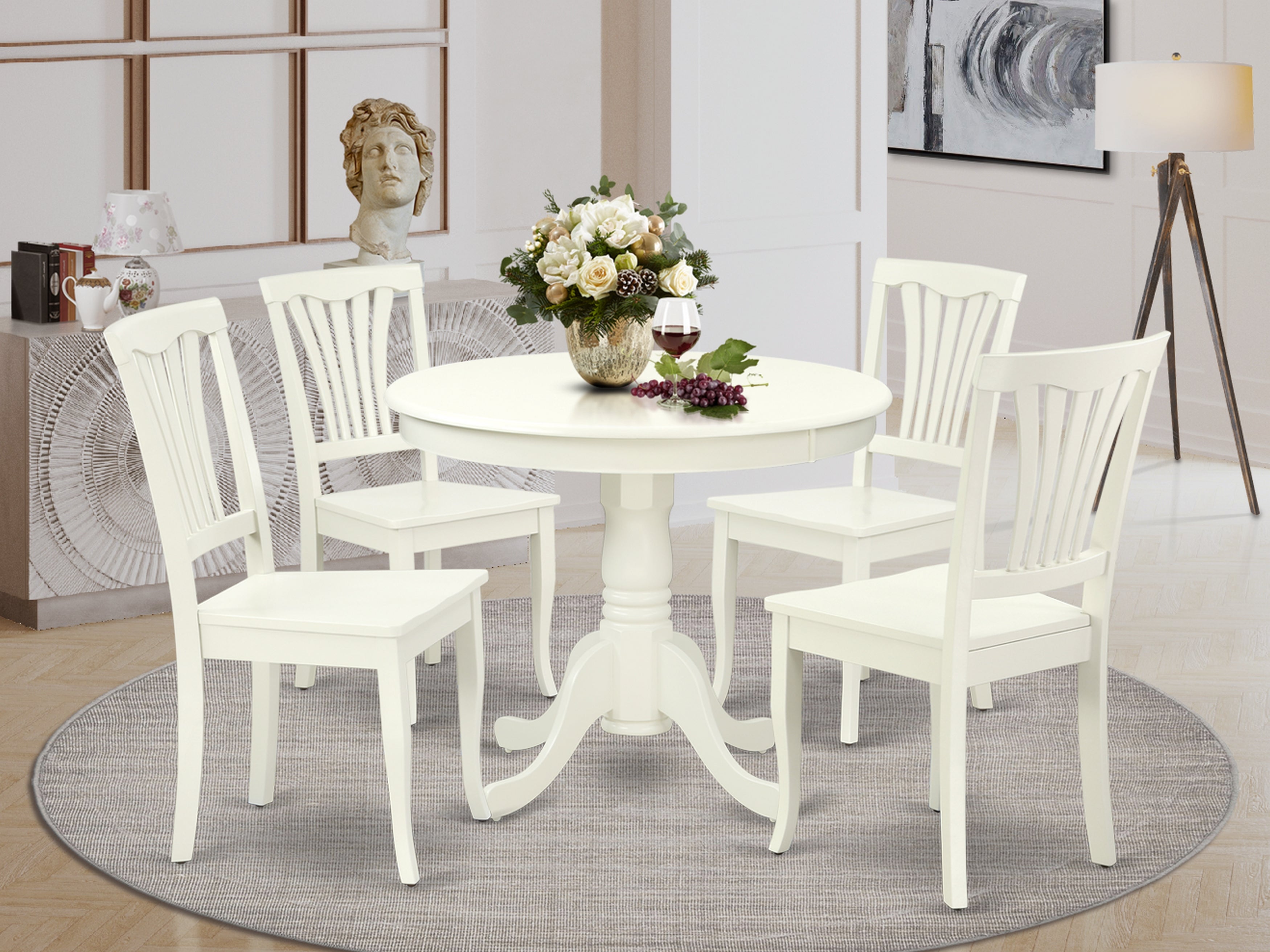 ANAV5-LWH-W 5PC Round 36 inch Table and 4 vertical slatted Chairs