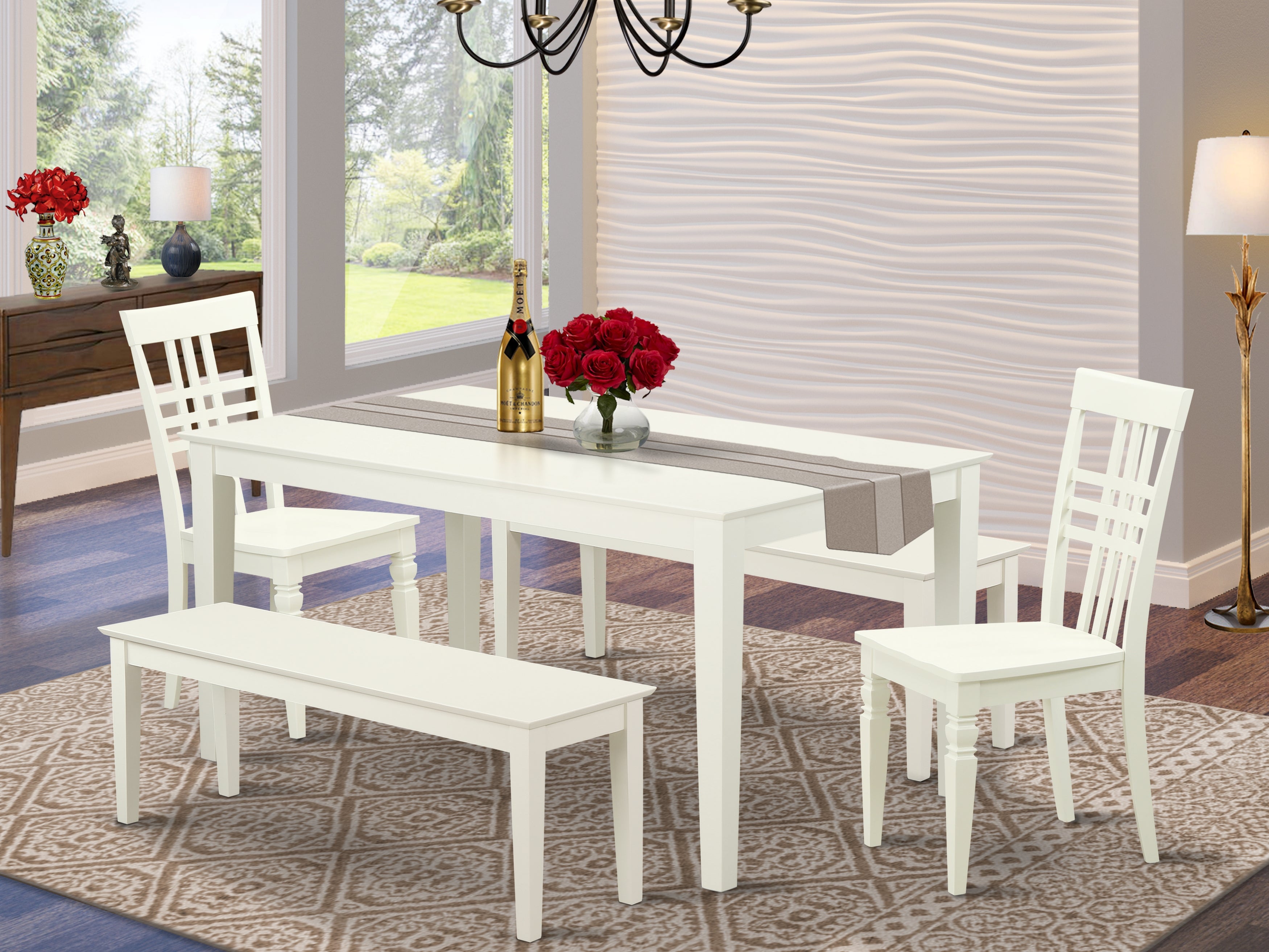 CALG5C-LWH-W 5 Piece dining set for 6-Dining room table and 2 Chairs and 2 Benches in Linen White