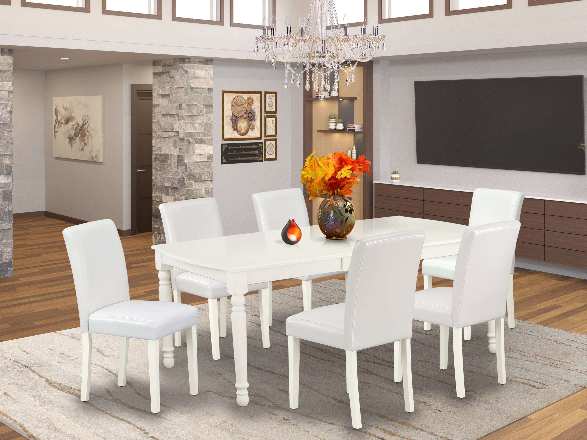 DOAB7-LWH-64 7Pc Rectangle 60/78 Inch Table With 18 In Leaf And 6 Parson Chair With Linen White Leg And Pu Leather Color White