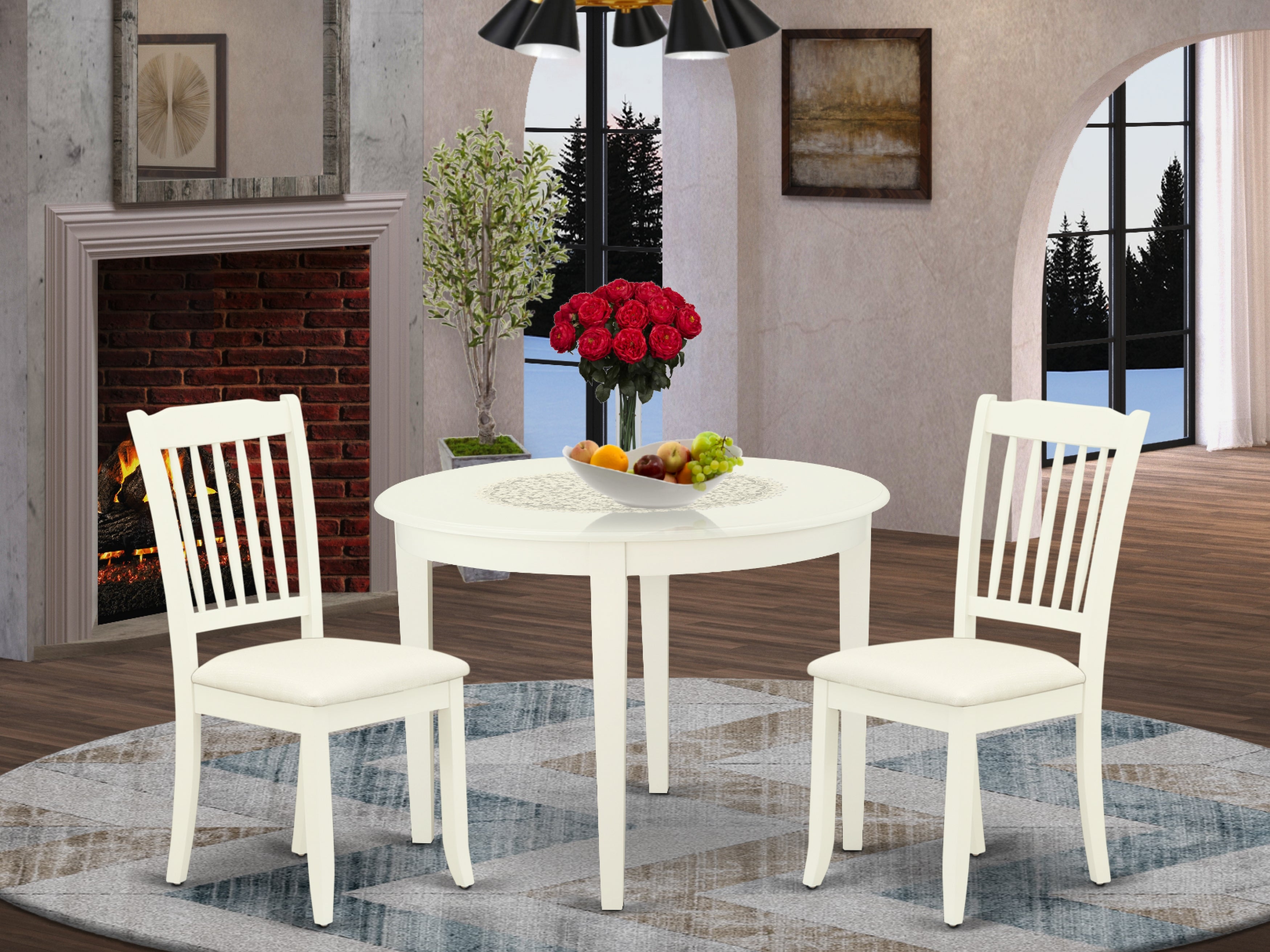 BODA3-WHI-C 3Pc Dinette Set Includes a Rounded Kitchen Table and Two Vertical Slatted Microfiber Seat Dining Chairs, White Finish