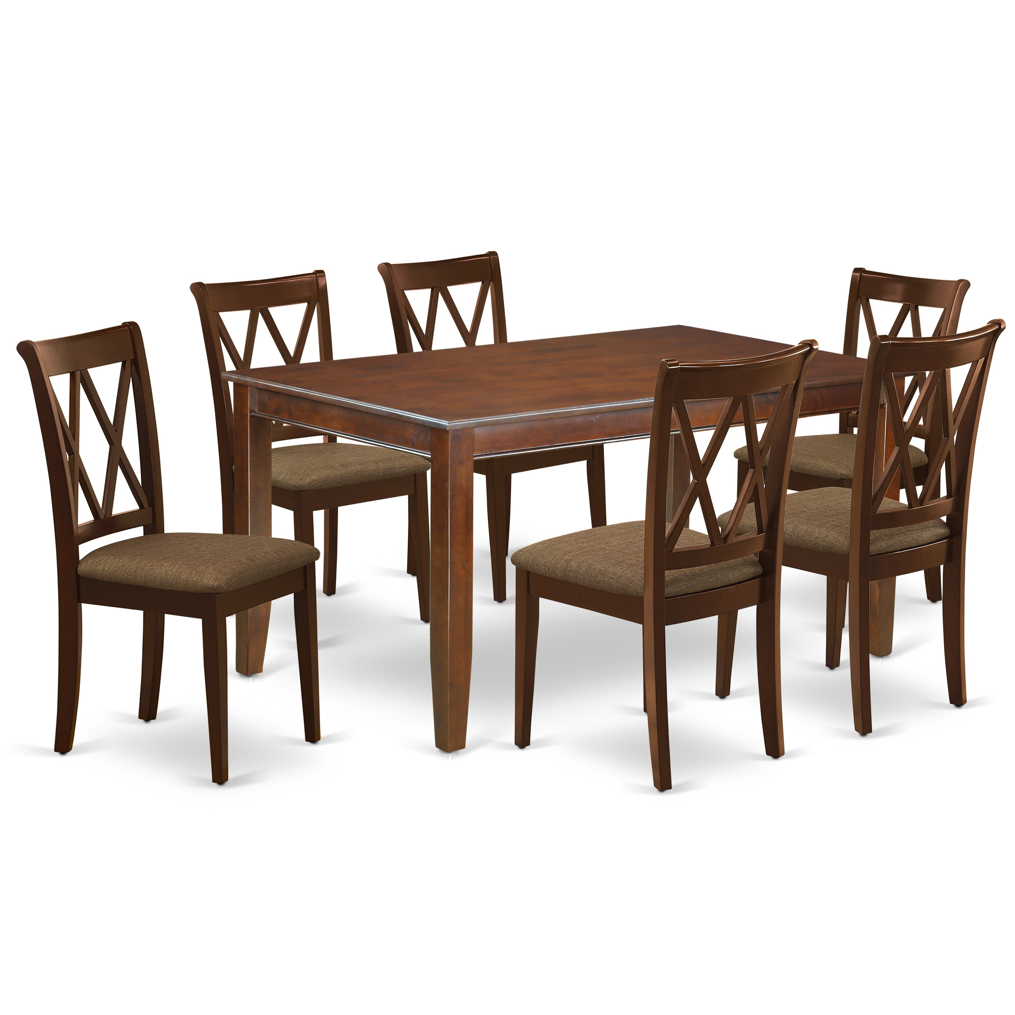 DUCL7-MAH-C 7Pc Dinette Set Includes a Rectangular Kitchen Table and Six Double X Back Microfiber Seat Dining Chairs, Mahogany Finish