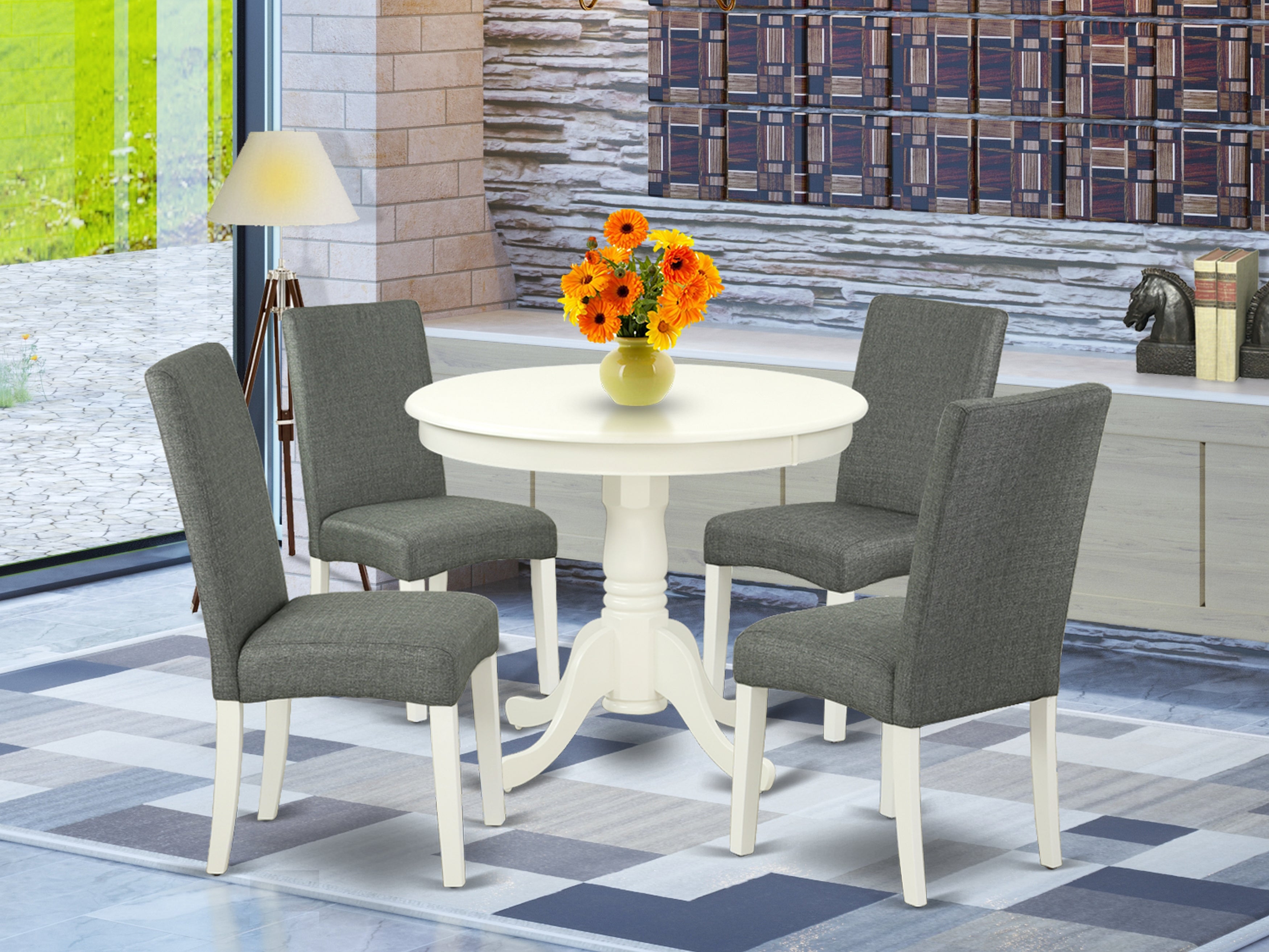 ANDR5-LWH-07 5Pc Round 36" Table And 4 Parson Chair With Linen White Finish Leg And Linen Fabric- Gray Color