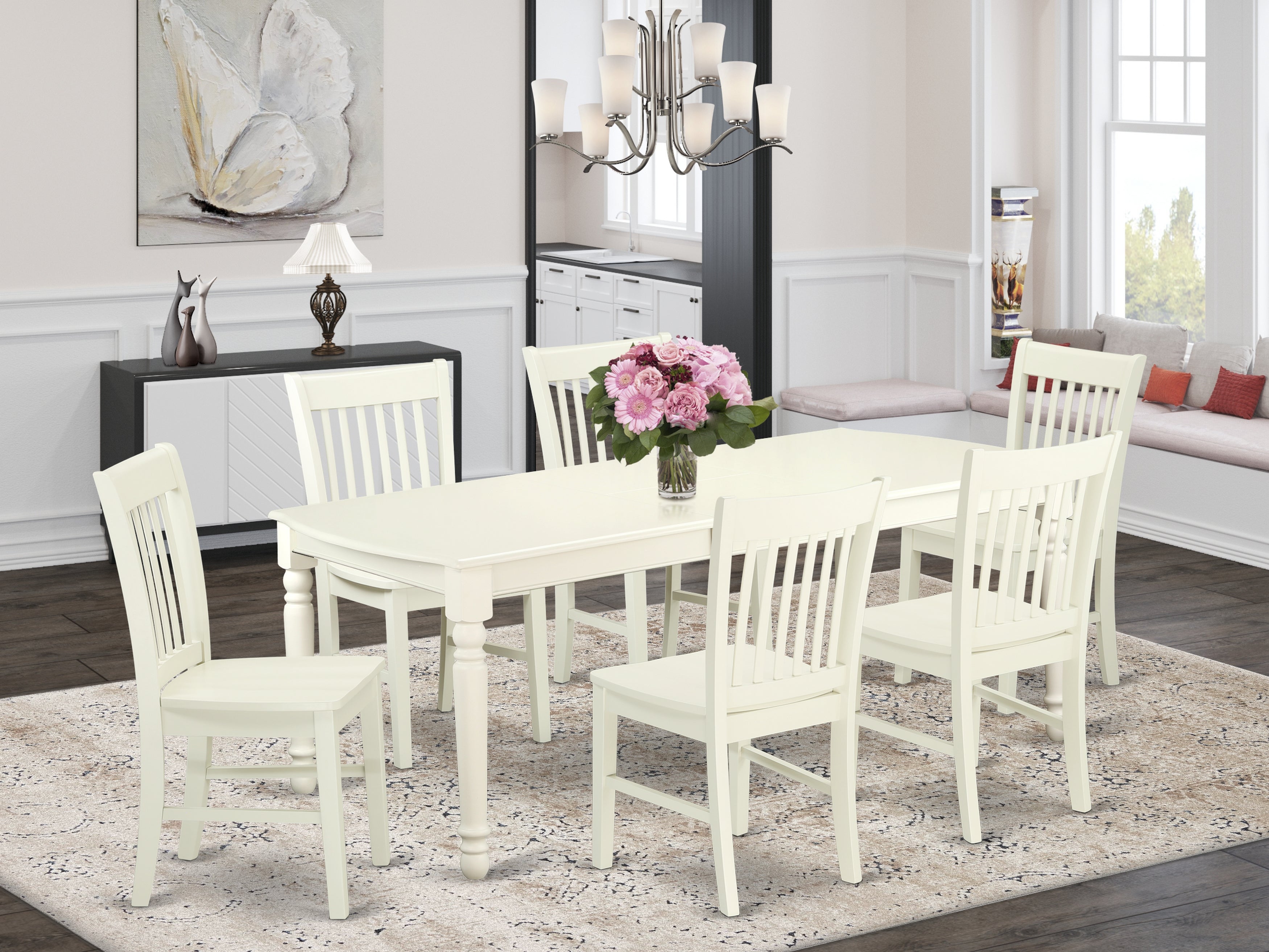 DONO7-LWH-W 7-Piece table and chair set with one Dover dining room table and 6 dining room chairs in a Linen White Finish