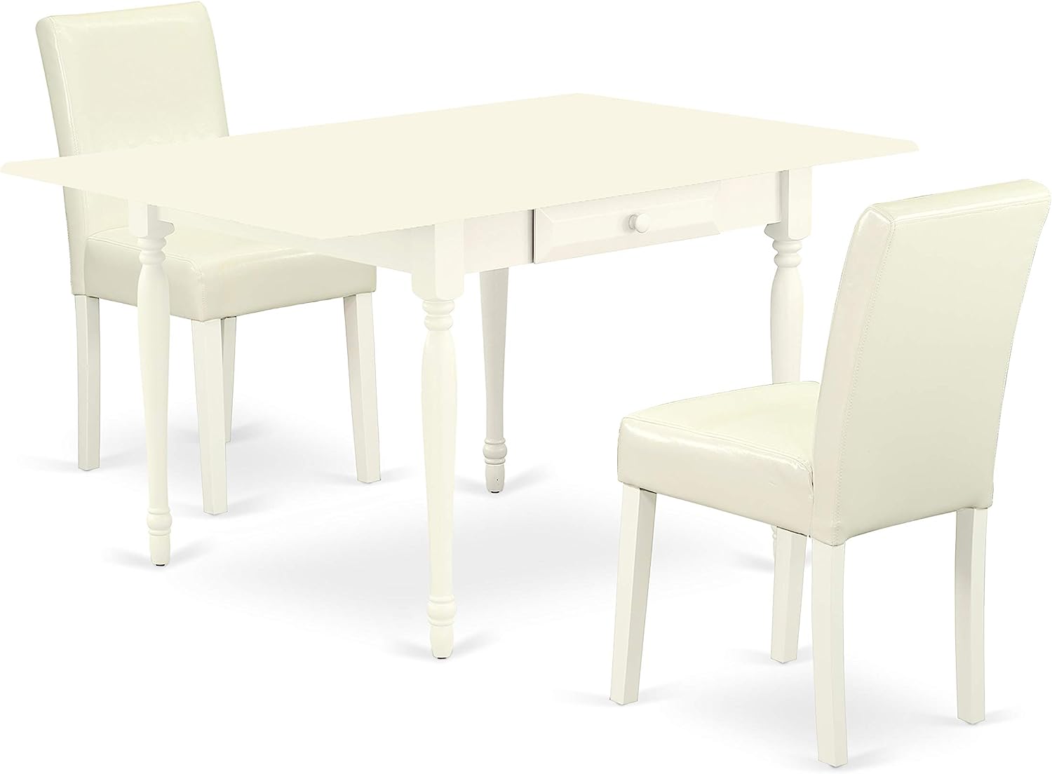 3Pc Dropleaf Rectangular Dining Table and 2 parson Chairs Set in Linen White