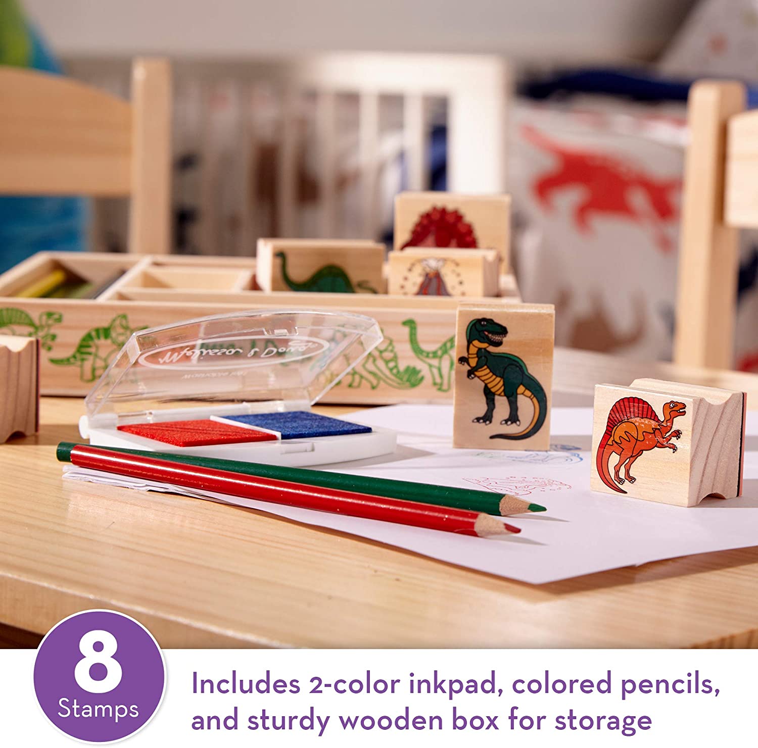 Melissa & Doug Dinosaurs Wooden Stamp Set -Stamps , Stamp Pad Wooden Box