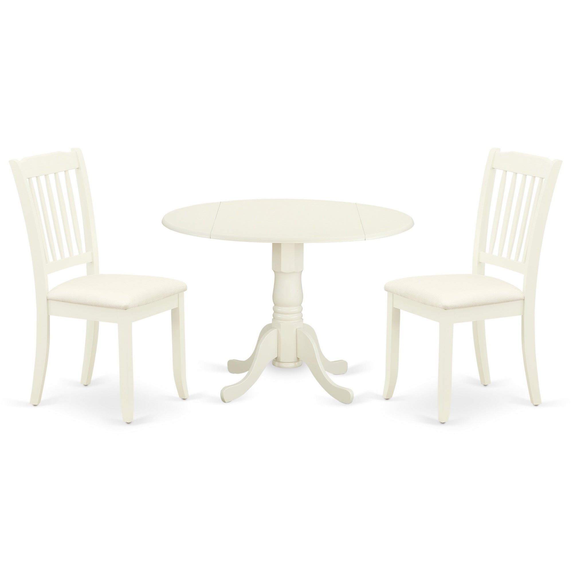 DLDA3-WHI-C 3Pc Dinette Set Includes a Rounded Kitchen Table with Drop Leaves and Two Vertical Slatted Microfiber Seat Dining Chairs, White Finish