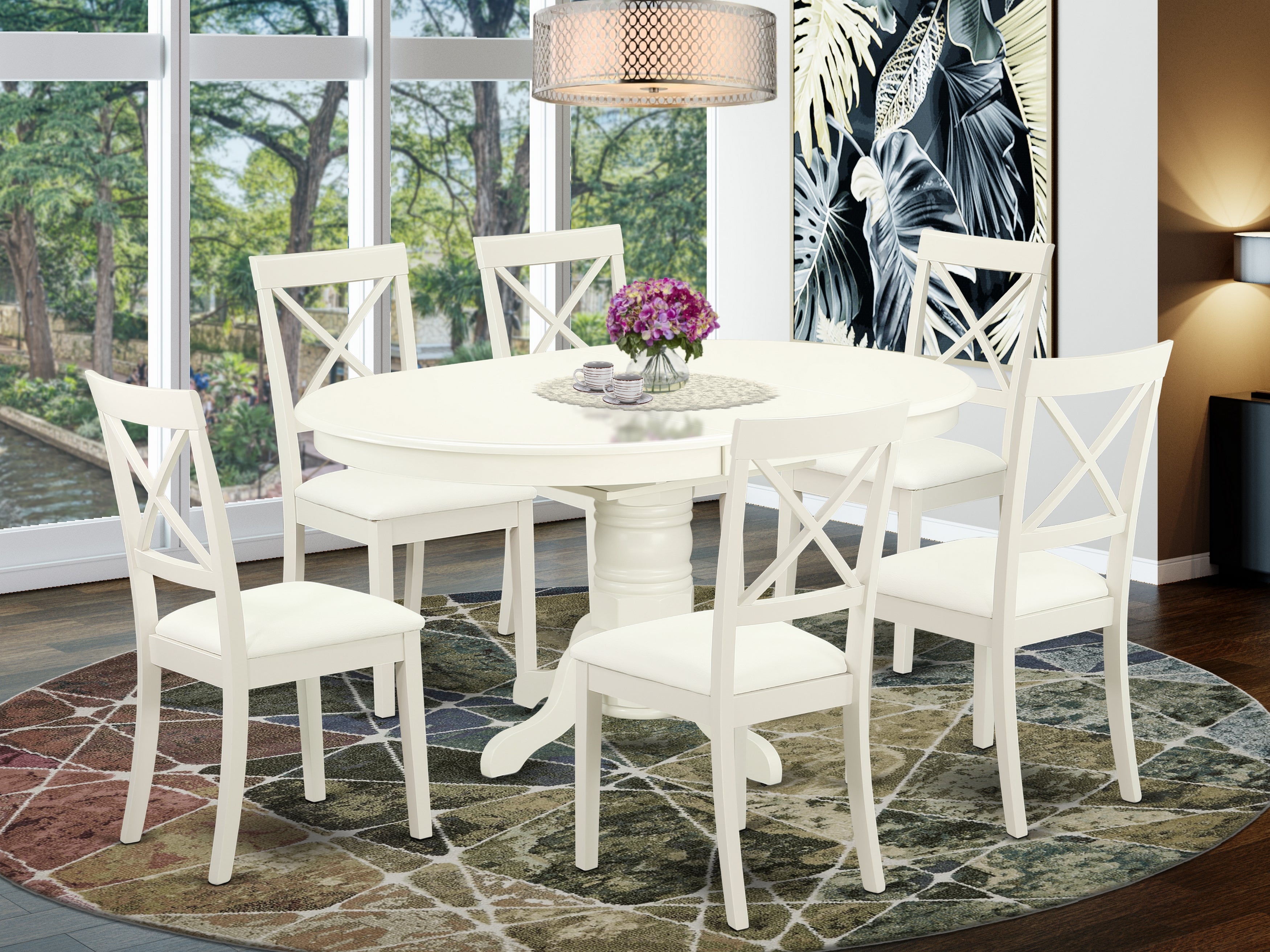 AVBO7-LWH-LC 7 Pc Kitchen table set with a Dining Table and Six Faux Leather Seat Chairs in Linen White