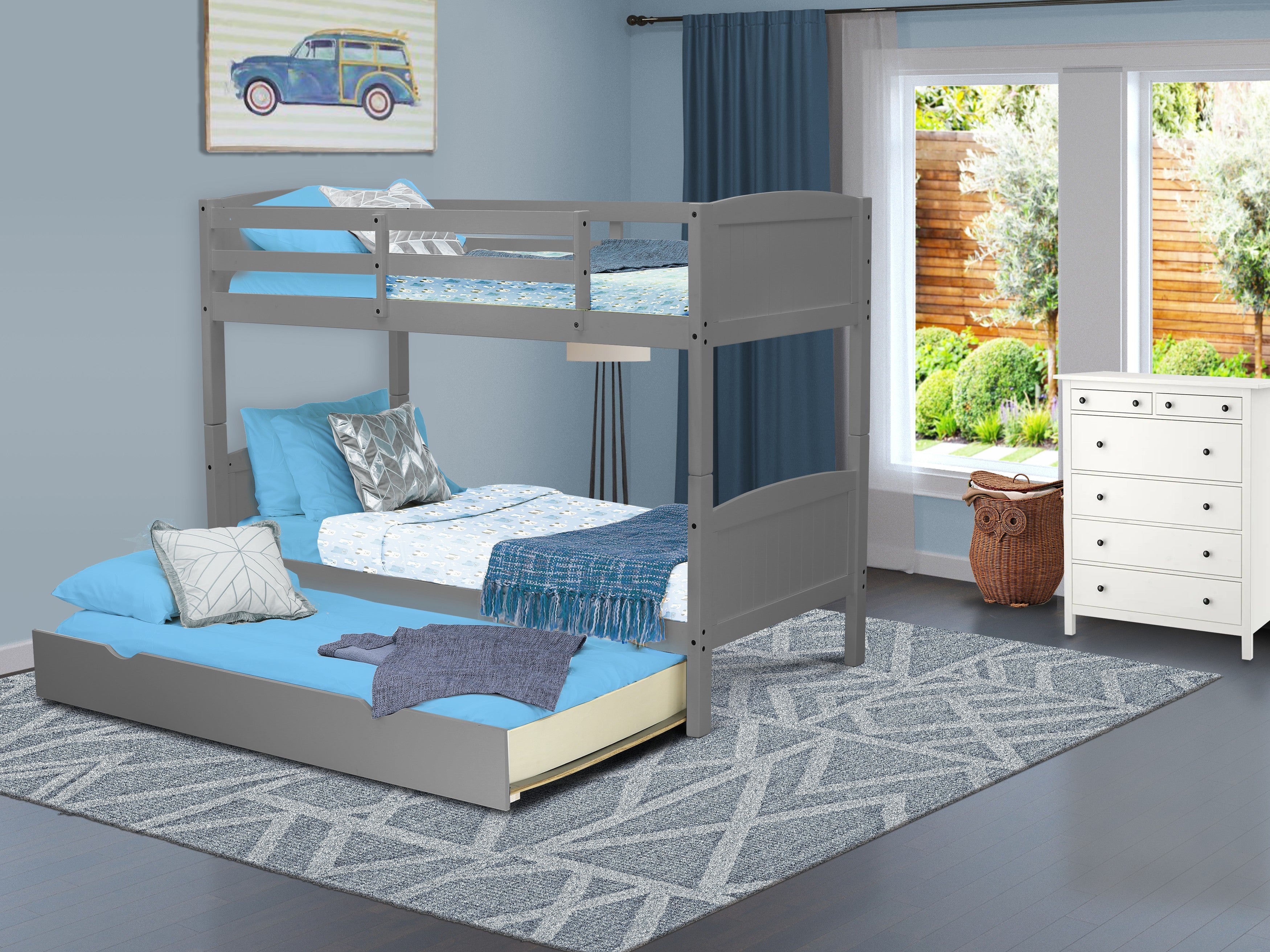 East West Furniture Albury Twin Bunk Bed in Gray Finish with Convertible Trundle & Drawer