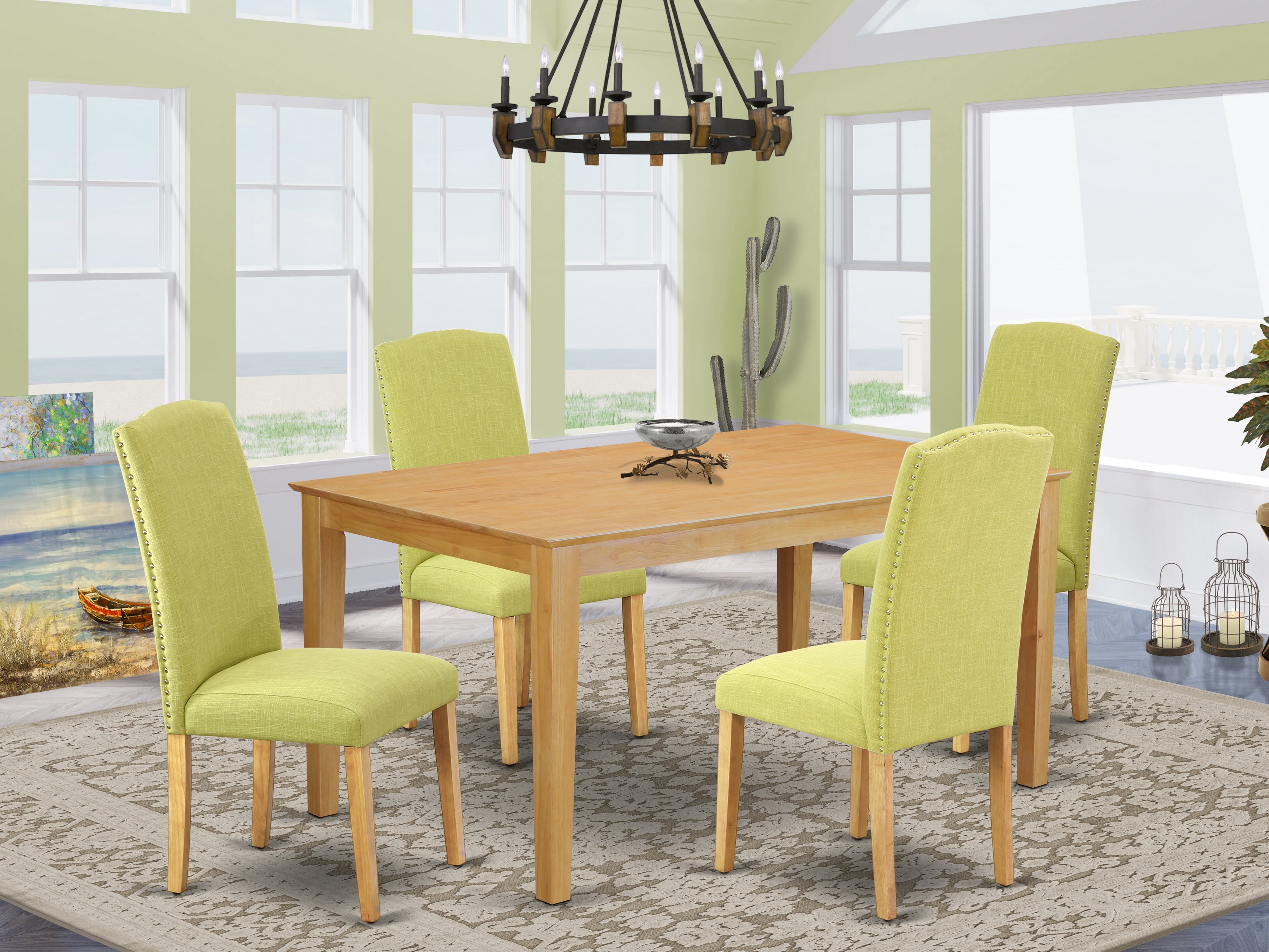 CAEN5-OAK-07 5Pc Rectangle 60" Dining Room Table And 4 Parson Chair With Oak Leg And Linen Fabric Limelight