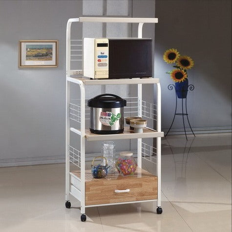 Metal Kitchen Microwave Cart with Drawers On Casters, White and Natural