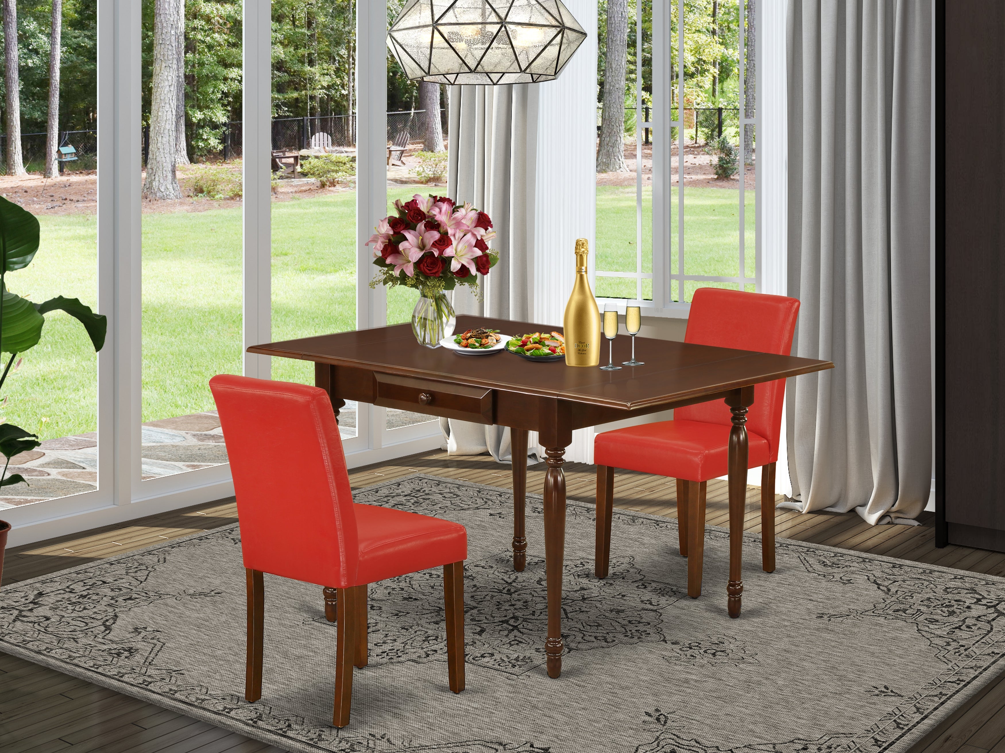 East West Furniture MZAB3-MAH-72 3Pc Dinette Sets for Small Spaces Consists of a Wood Dining Table and 2 Parsons Dining Chairs with Firebrick Red Color PU Leather, Drop Leaf Table with Full Back Chairs, Mahogany Finish