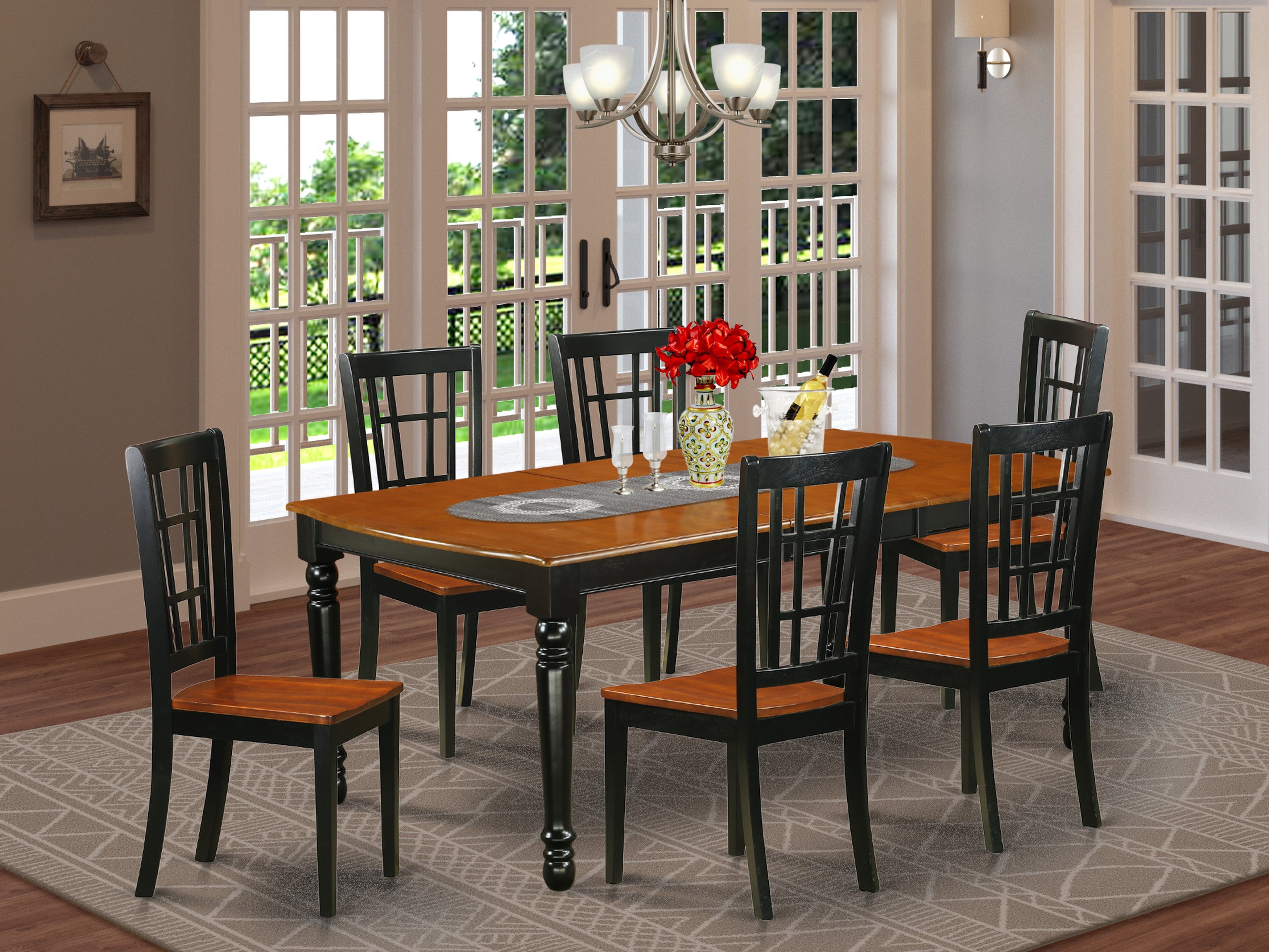 DONI7-BCH-W 7-Piece table and chair set with one Dover dining room table and 6 dining room chairs in a Black and Cherry Finish