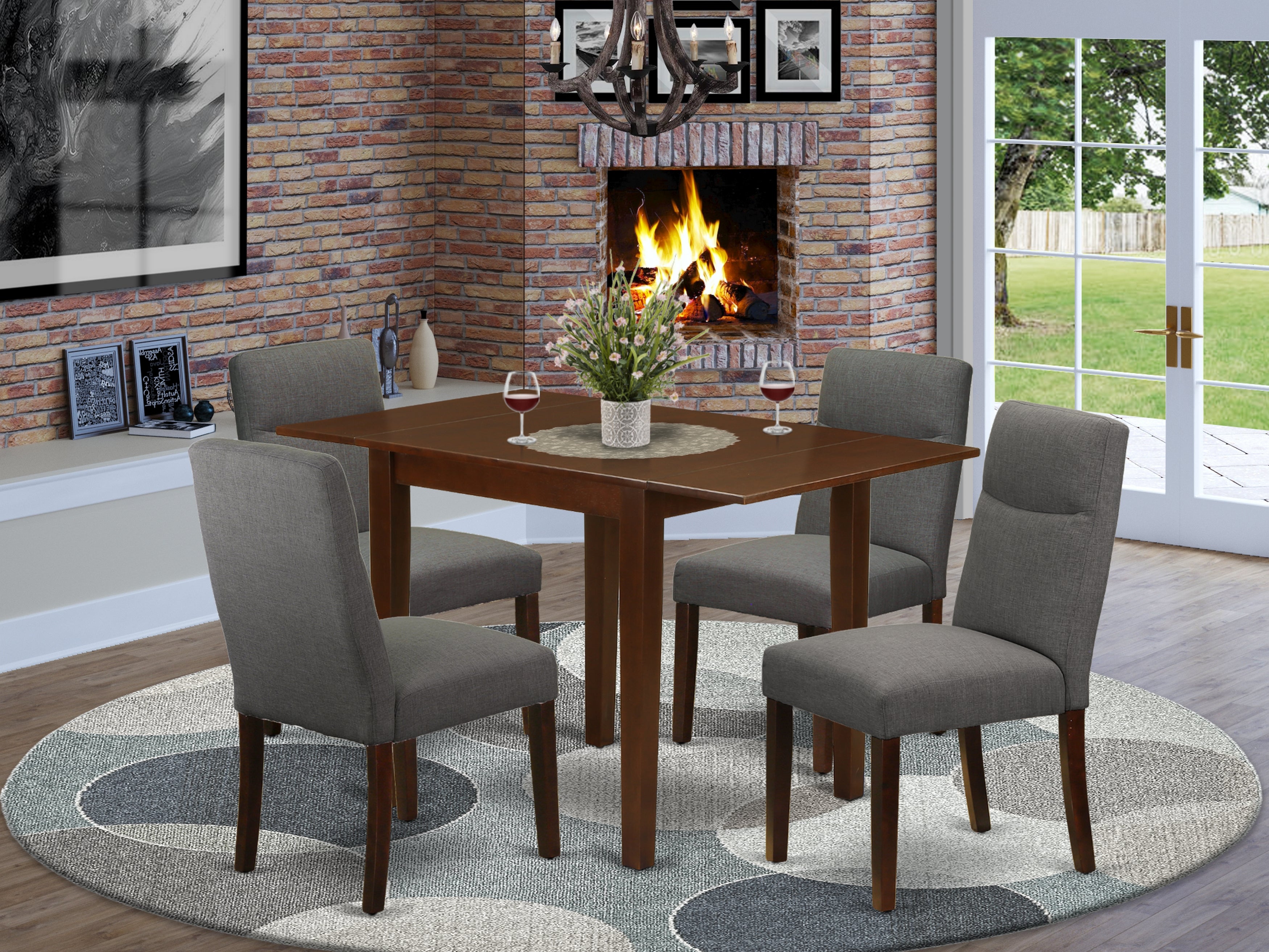 East West Furniture NDBE5-MAH-06 Dining Table Set 5 Pc - 4 Dining Room Chairs and a Wood Table - Mahogany Finish Solid wood - Shitake Color Linen Fabric