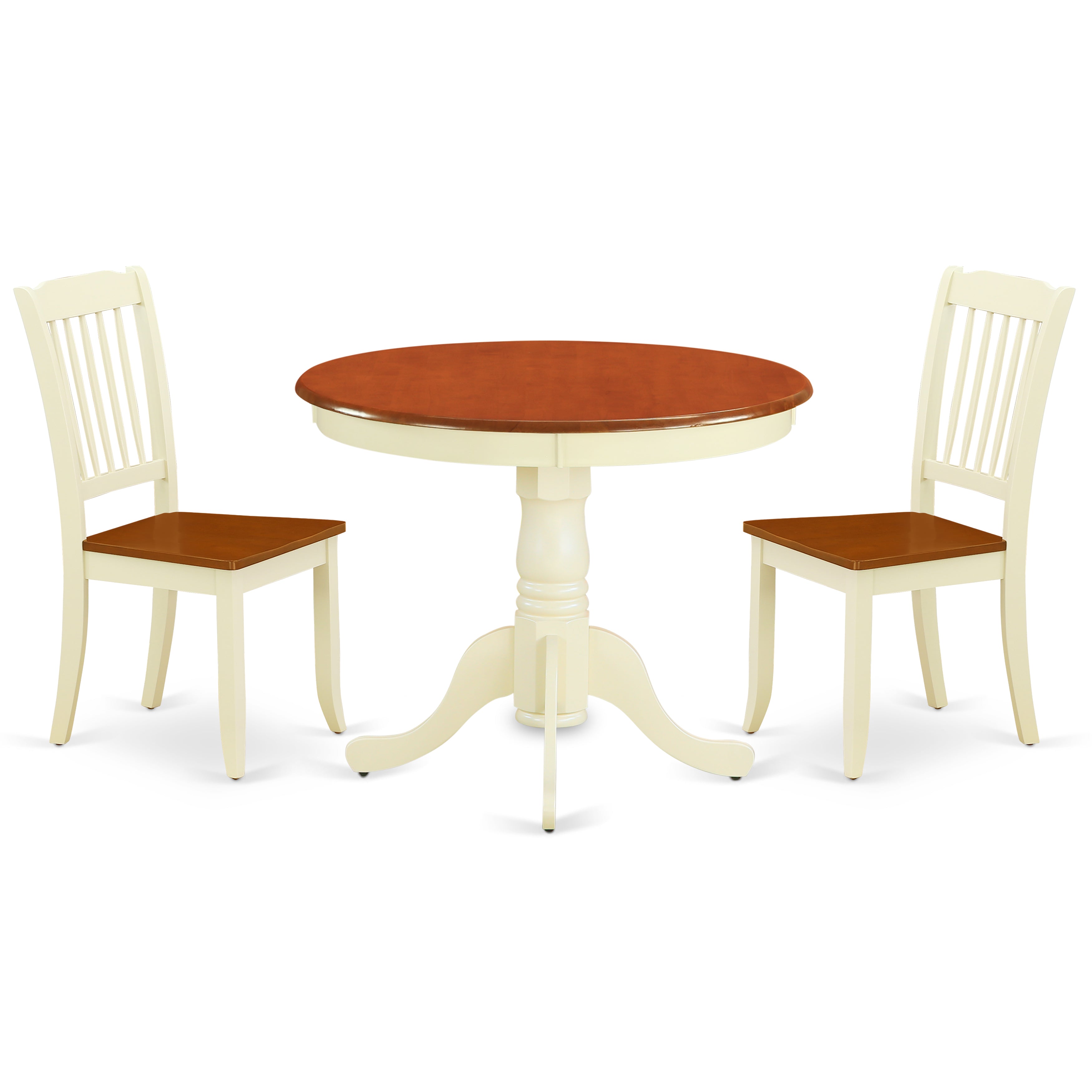 ANDA3-BMK-W 3PC Round 36 inch Table and 2 vertical slatted Chairs