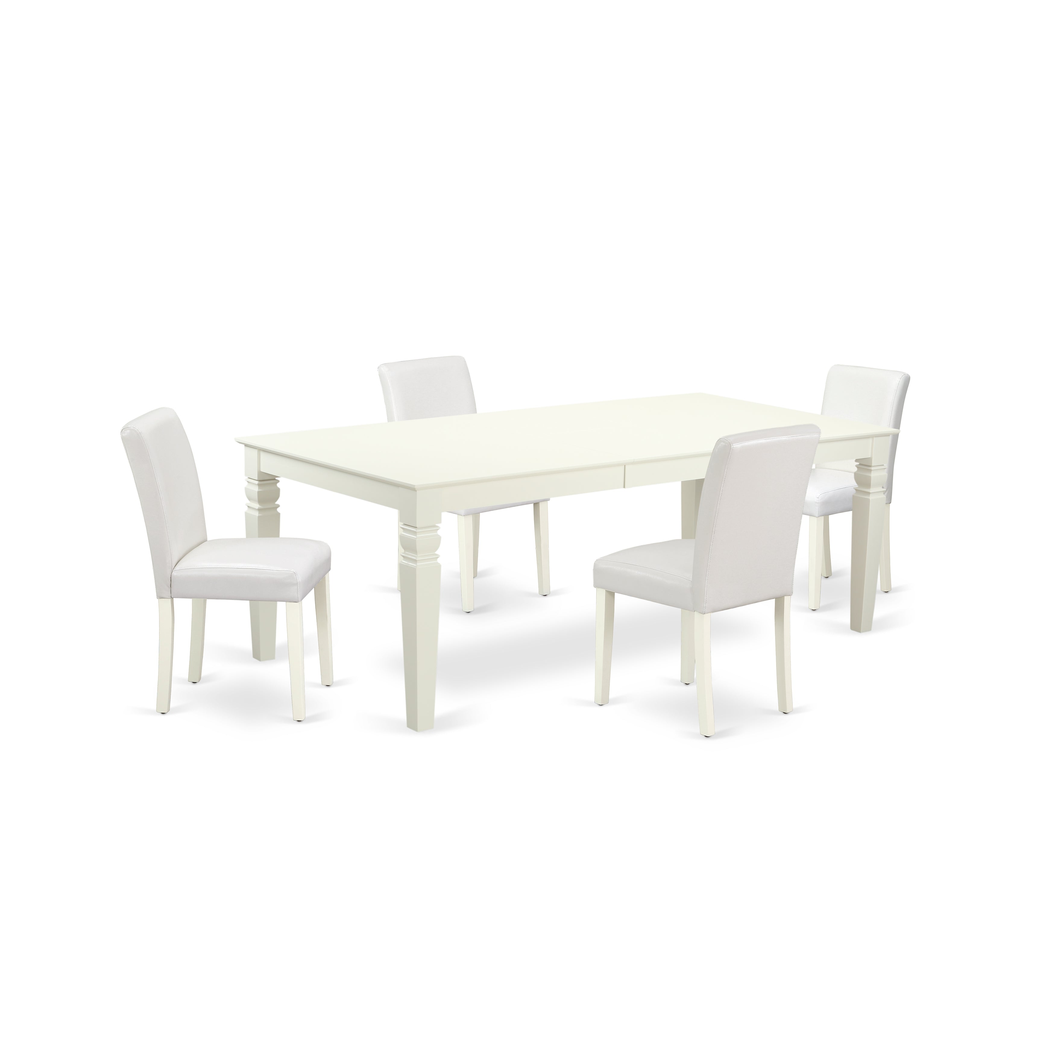 LGAB5-LWH-64 5Pc Rectangular 66/84 Inch Table With 18 In Leaf And Four Parson Chair With Linen White Leg And Pu Leather Color White