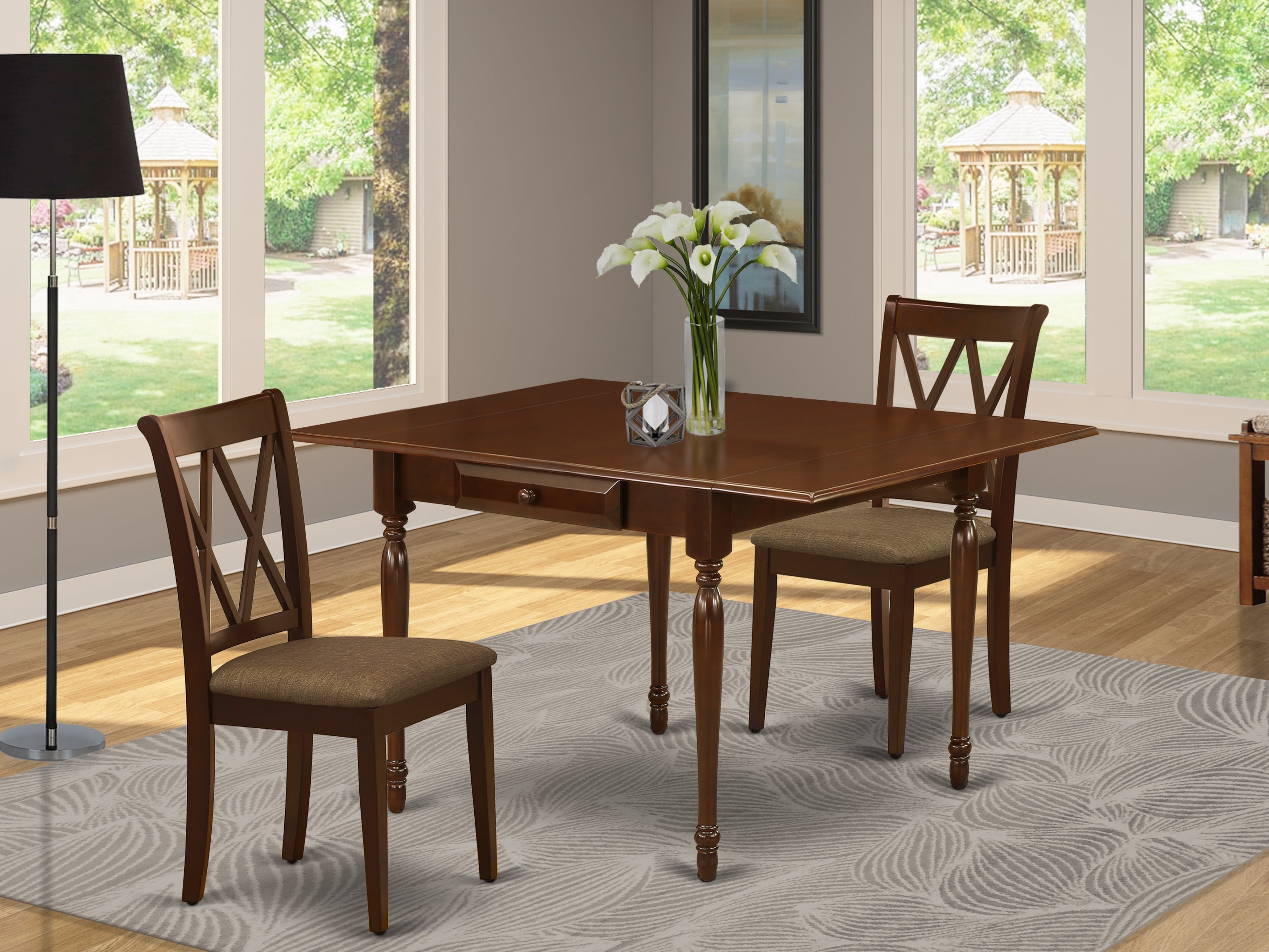 East West Furniture MZCL3-MAH-C 3Pc Dining Table Set for 2 Includes a Dining Room Table and 2 Dining Chairs with Microfiber Upholstery Seat, Drop Leaf Table with Double X Back Chairs, Mahogany Finish