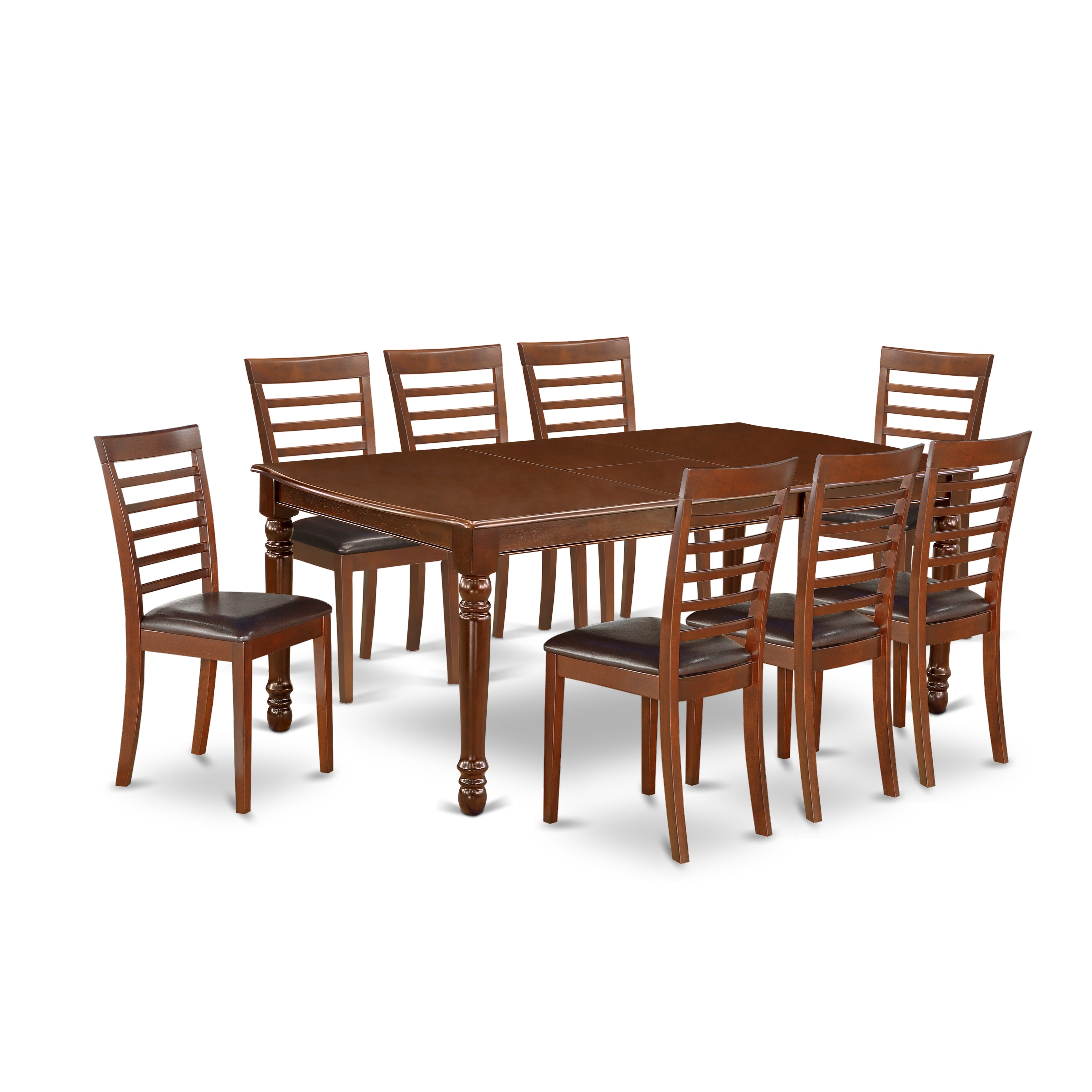 DOML9-MAH-LC 9Pc Rectangular 60/78 Inch Dining Table With 18 In Self Storing Butterfly Leaf And 8 Kitchen Faux Leather Seat Chairs
